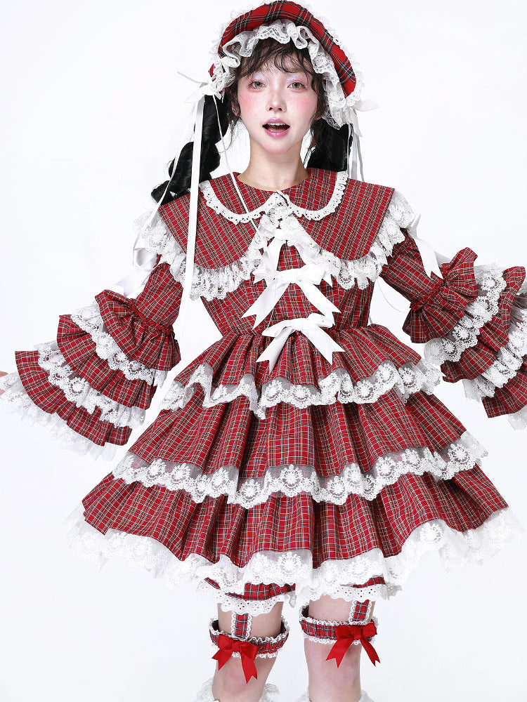 Showa Red Plaid Short Sleeve Dress Cotton Detachable Sleeves Kawaii - SOS MEME CLUB by Land Decora