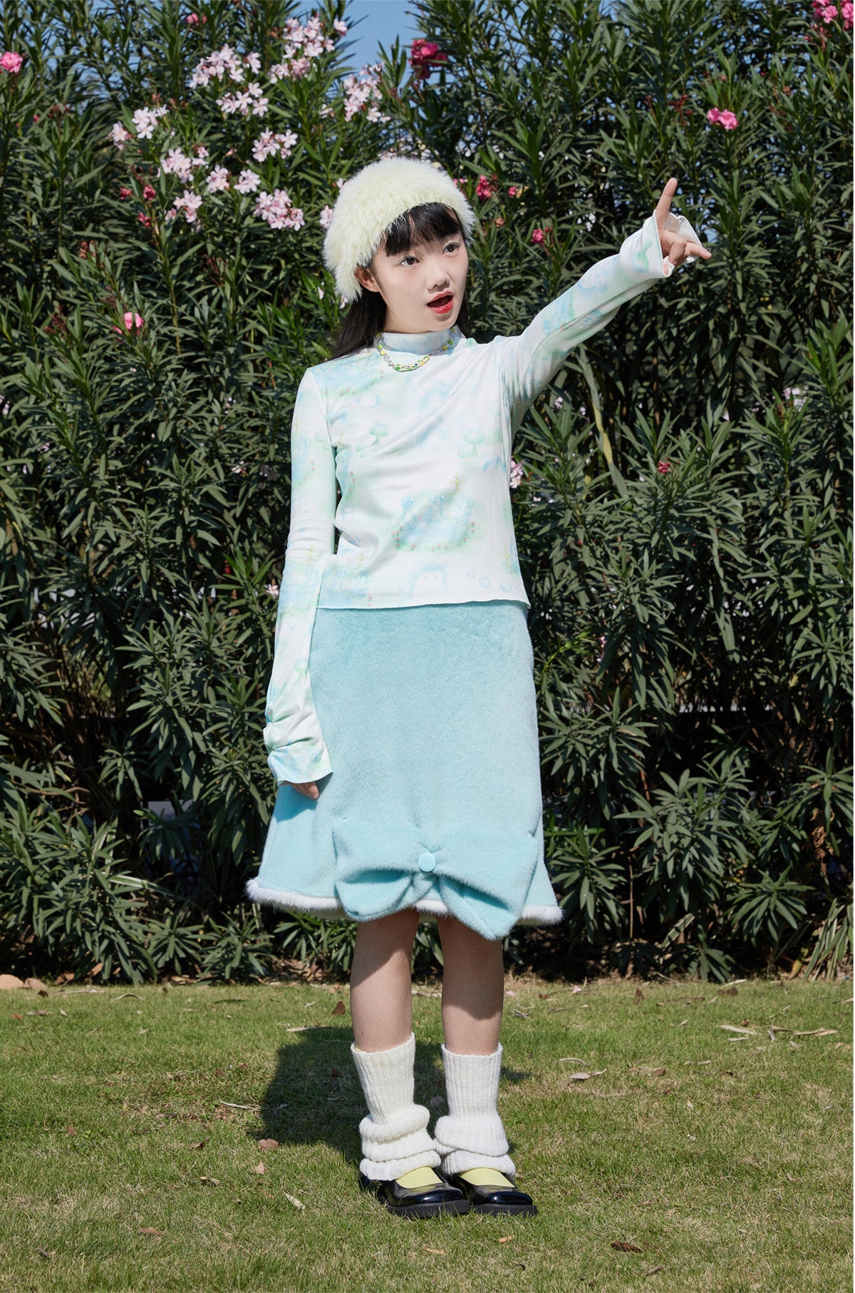 Harajuku Undershirt Blue Cute Versatile Undershirt Stand Collar Print Undershirt Moon Meadow by Land Decora