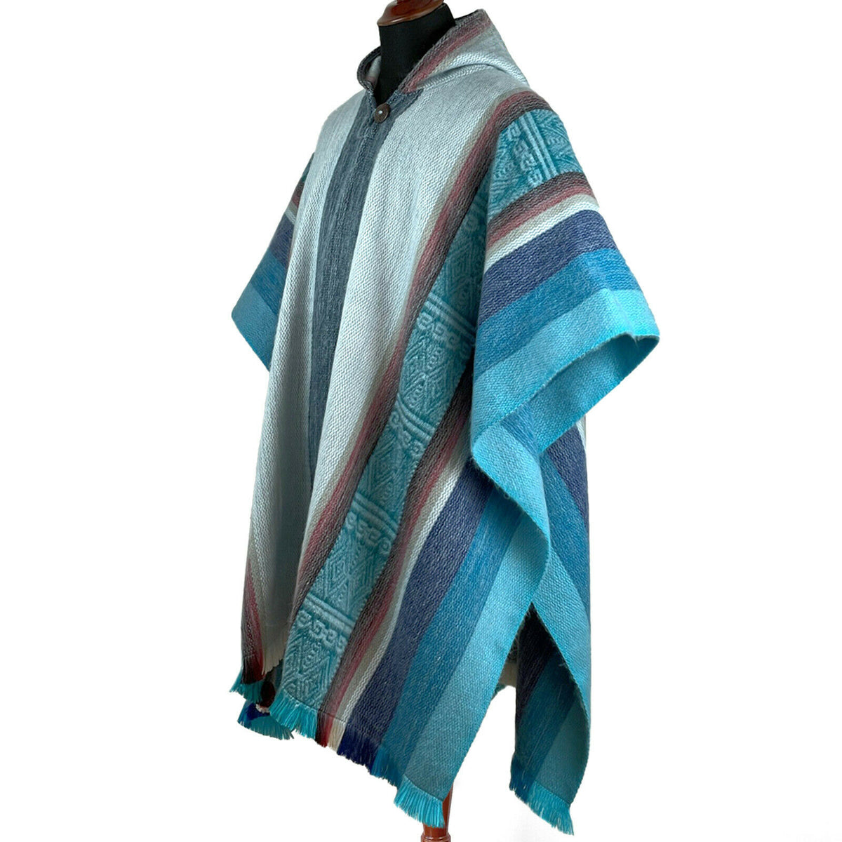 Lightweight Baby Alpaca Wool Hooded Poncho - Chobshi - Turquoise Blue by ECUALAMA