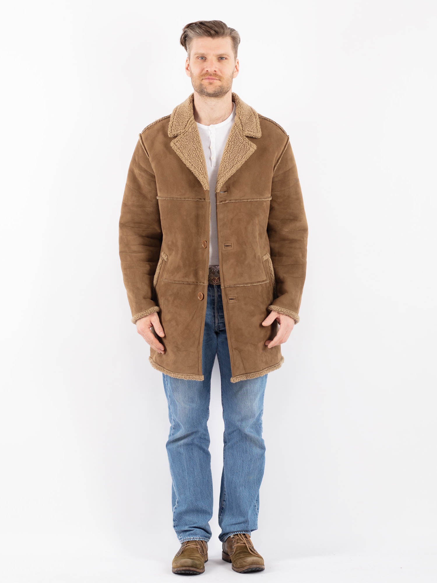 Vintage 00's Men Faux Sheepskin Coat in Beige by Northern Grip