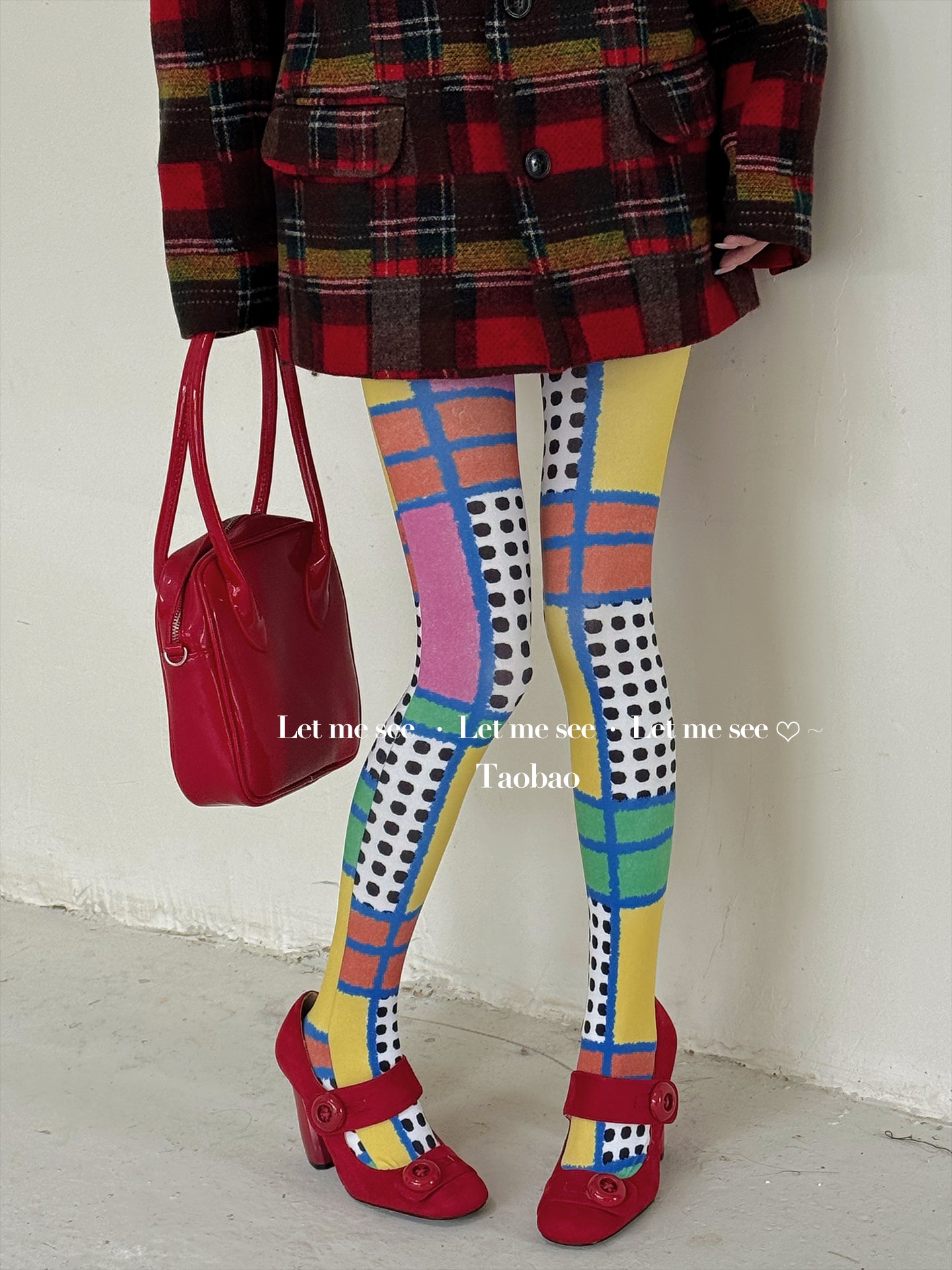 Y2K Velvet Tights Colorblock Plaid Print Chic - LET ME SEE by Land Decora