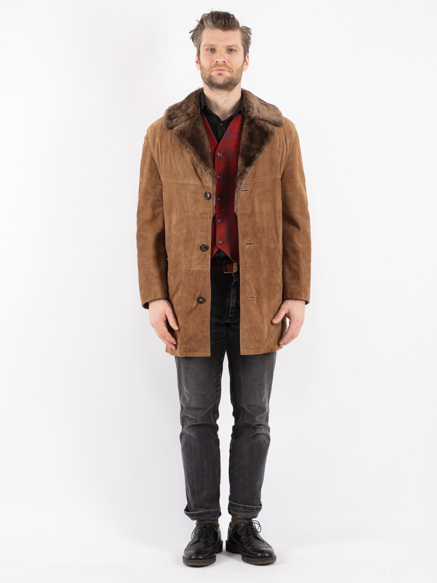Vintage 70's Men Suede Sherpa Coat in Beige by Northern Grip