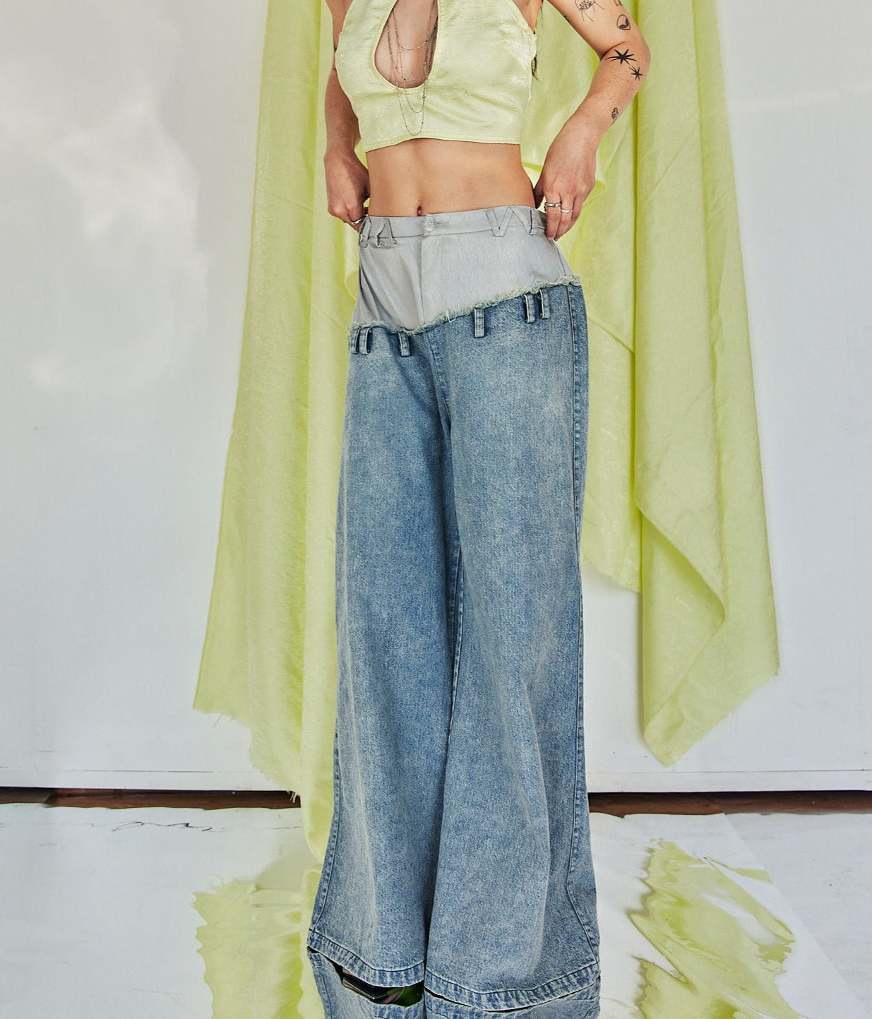 Jun WideLeg Denim/Brocade Patch Jeans by DAWANG