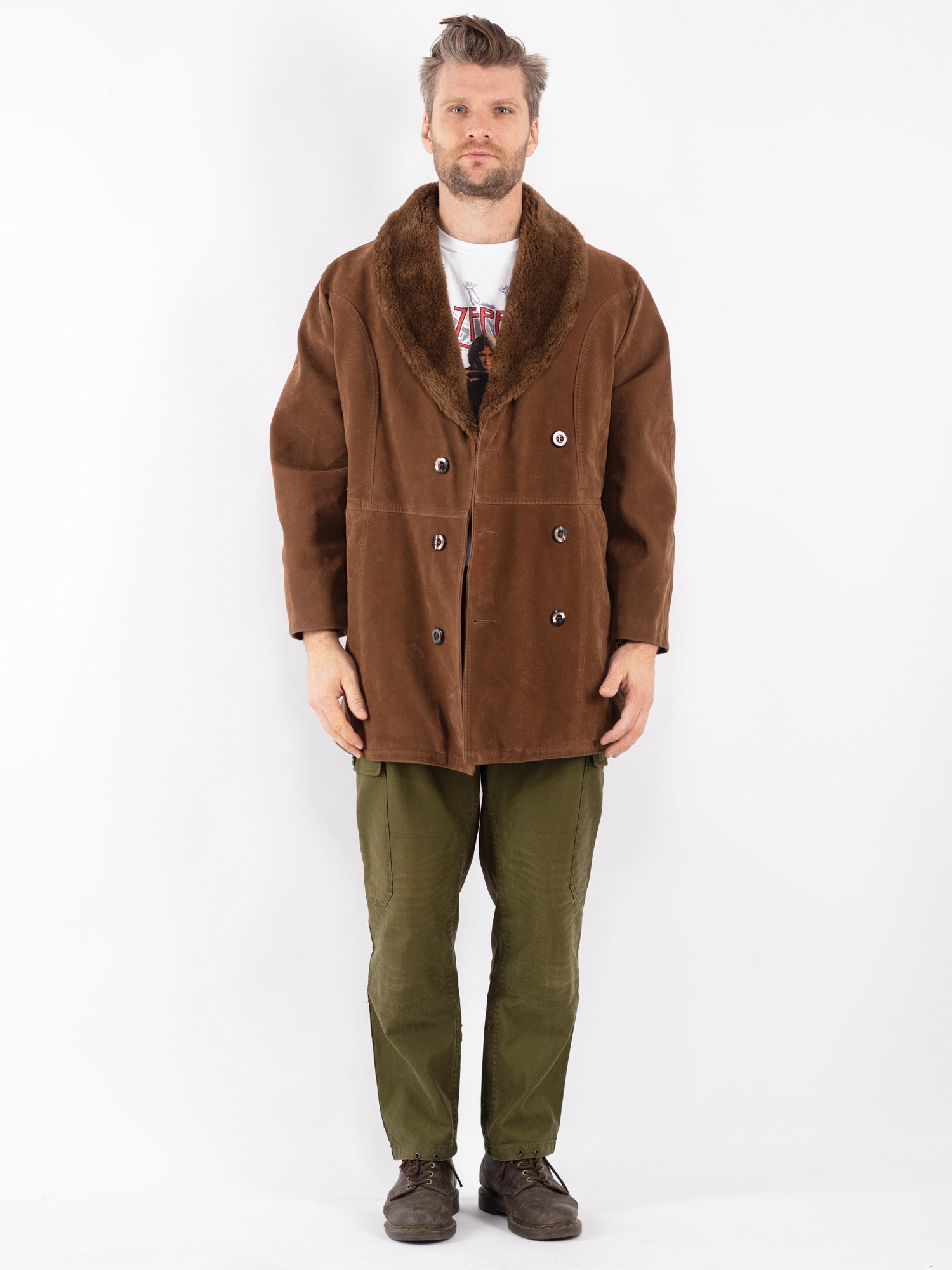 Vintage 90's Men Faux Sheepskin Coat in Brown by Northern Grip