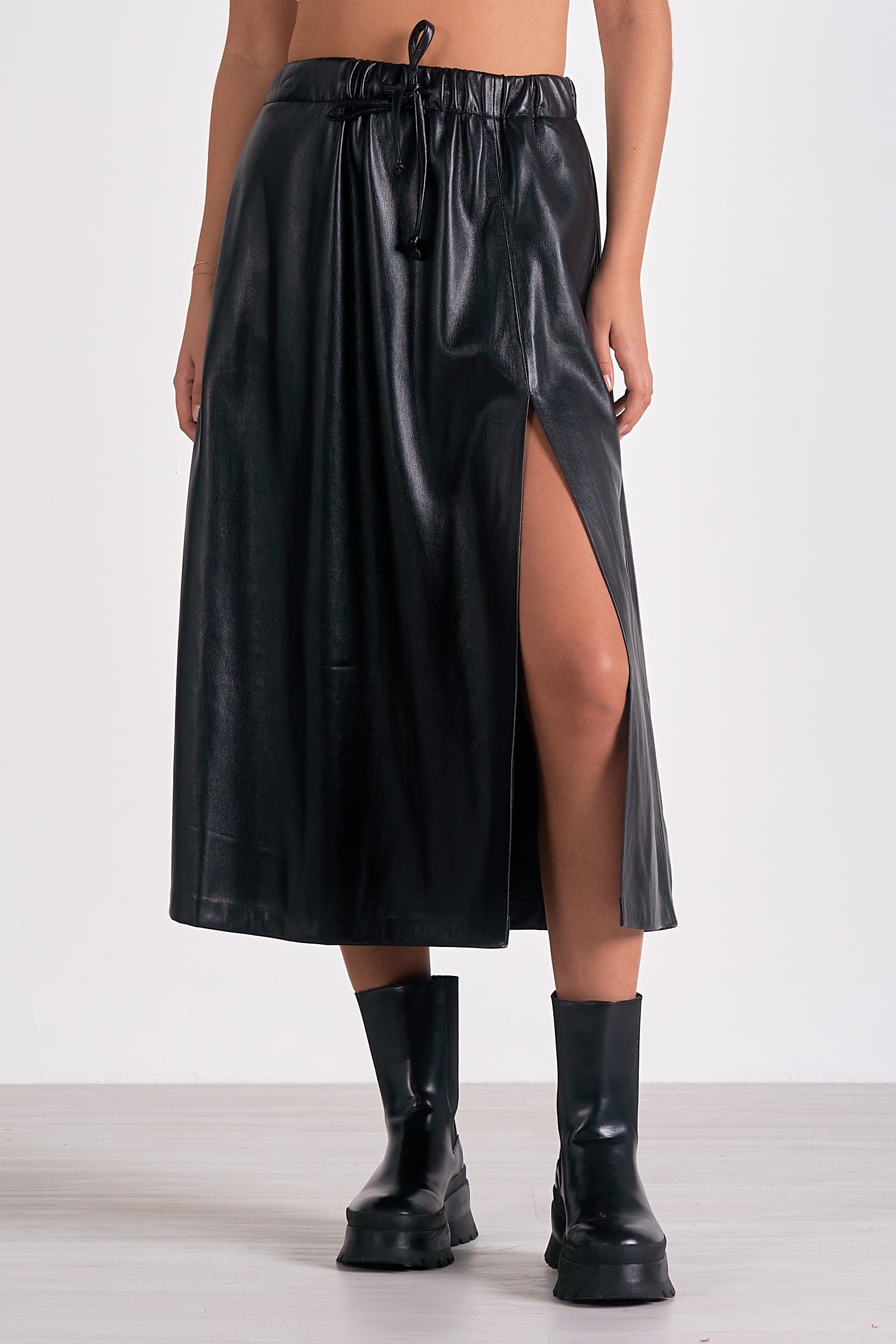 Faux Leather Drawstring Skirt in Black by Sierra Deene
