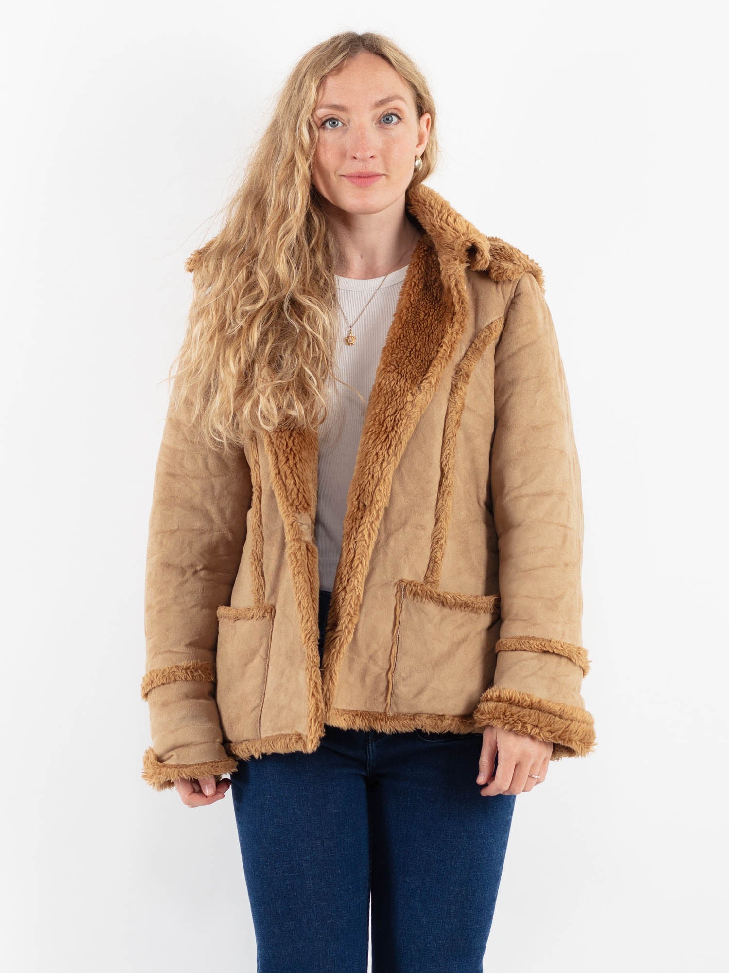 Vintage 00's Women Faux Sheepskin Jacket in Beige by Northern Grip