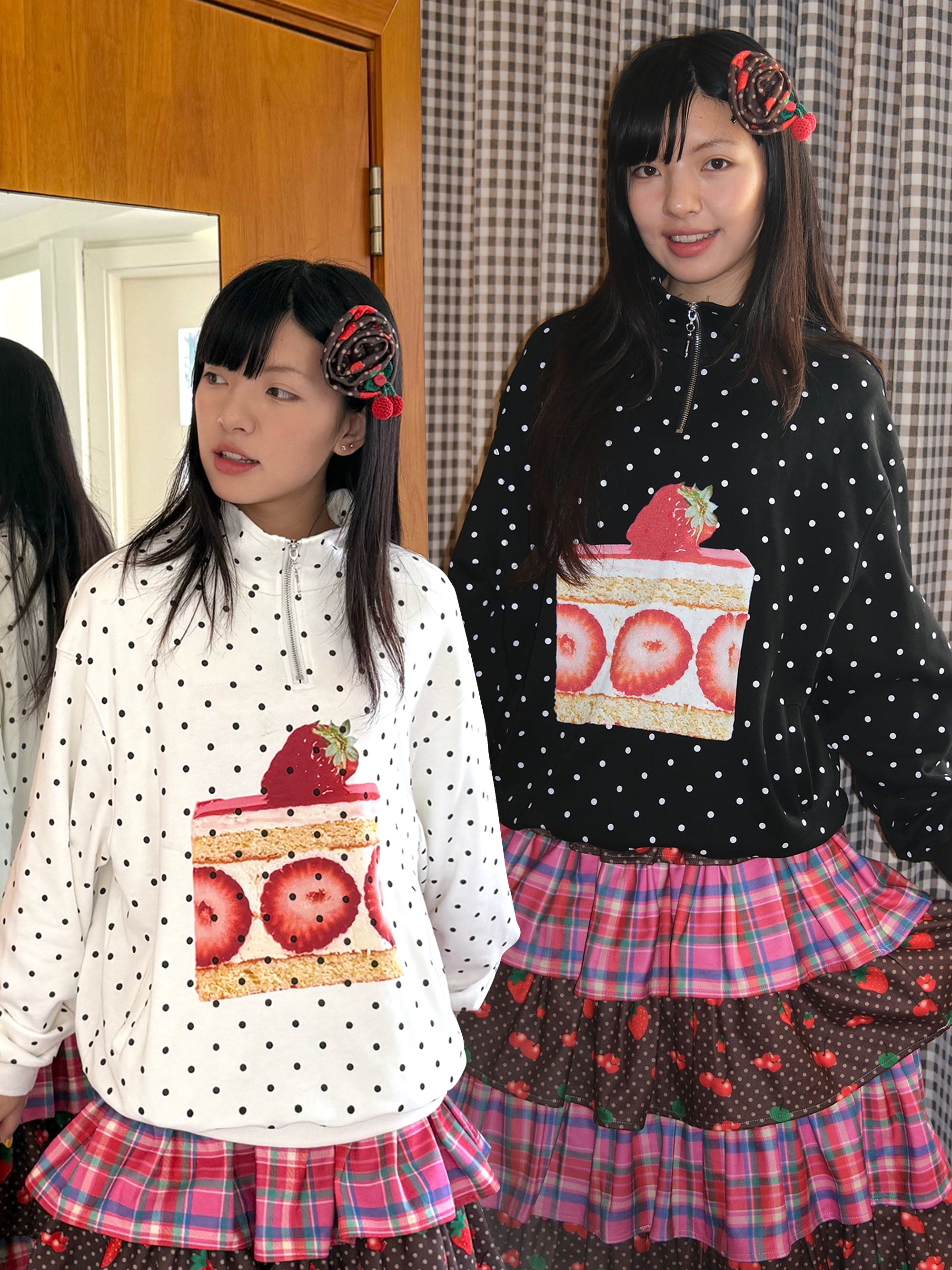 Kawaii Strawberry Print Fleece Sweatshirt - FRUITS by Land Decora