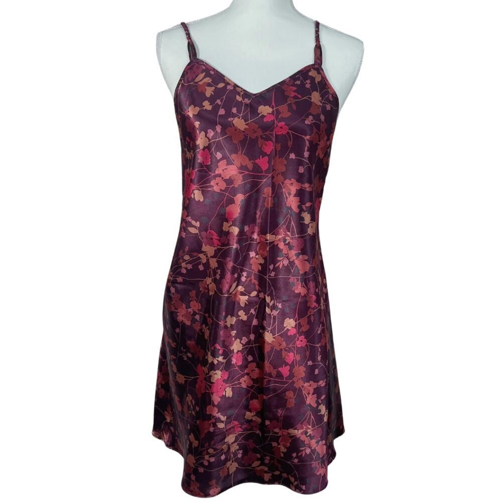 y2k Vintage Warner's Sleepwear Satin Plum Burgundy Floral Slip Dress S by Hot Girl Secondhand