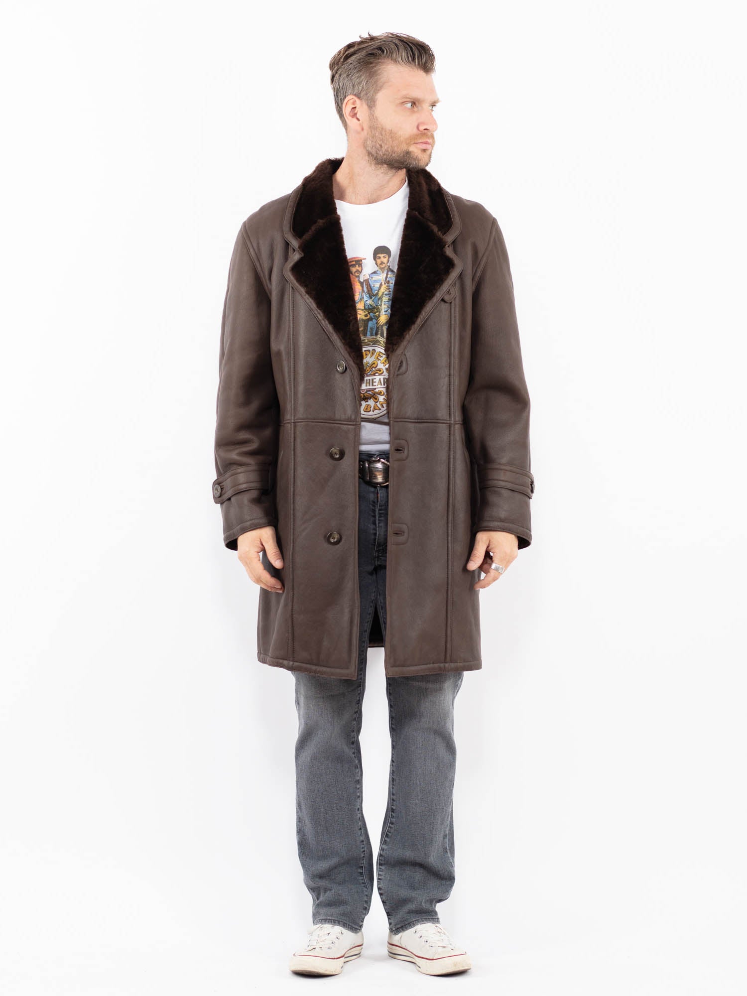Vintage 70's Men Sheepskin Coat in Brown by Northern Grip