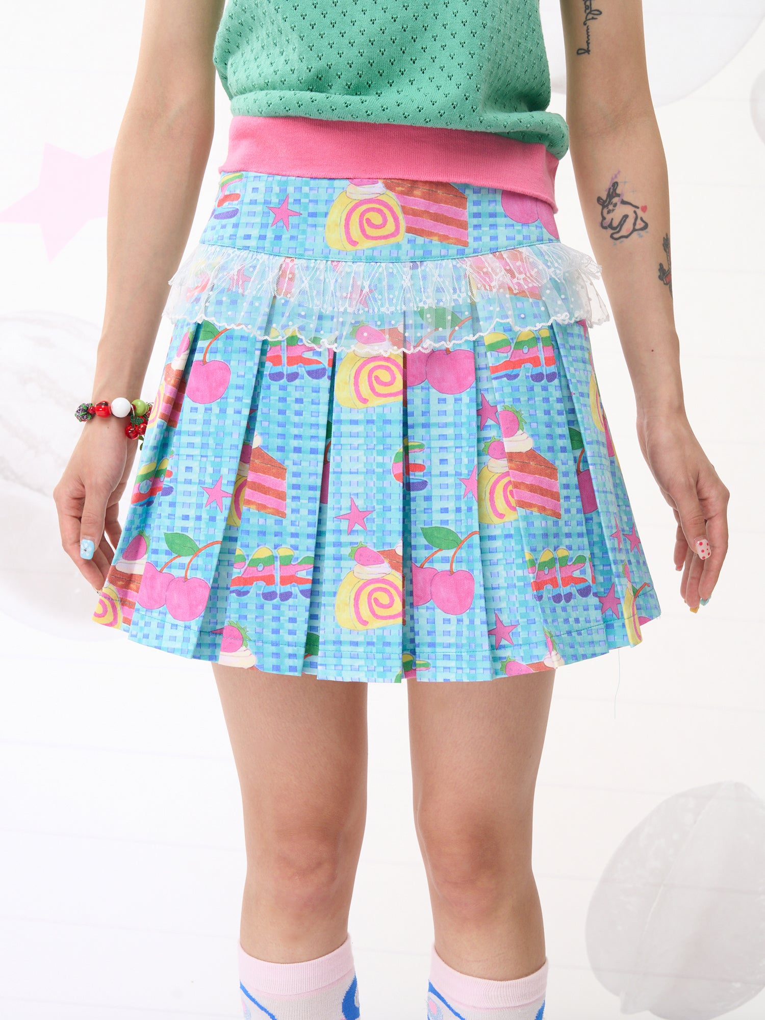 FRUITS Strawberry Cake Blue Pleated Skirt | Cute Lace Trim with Built- by Land Decora
