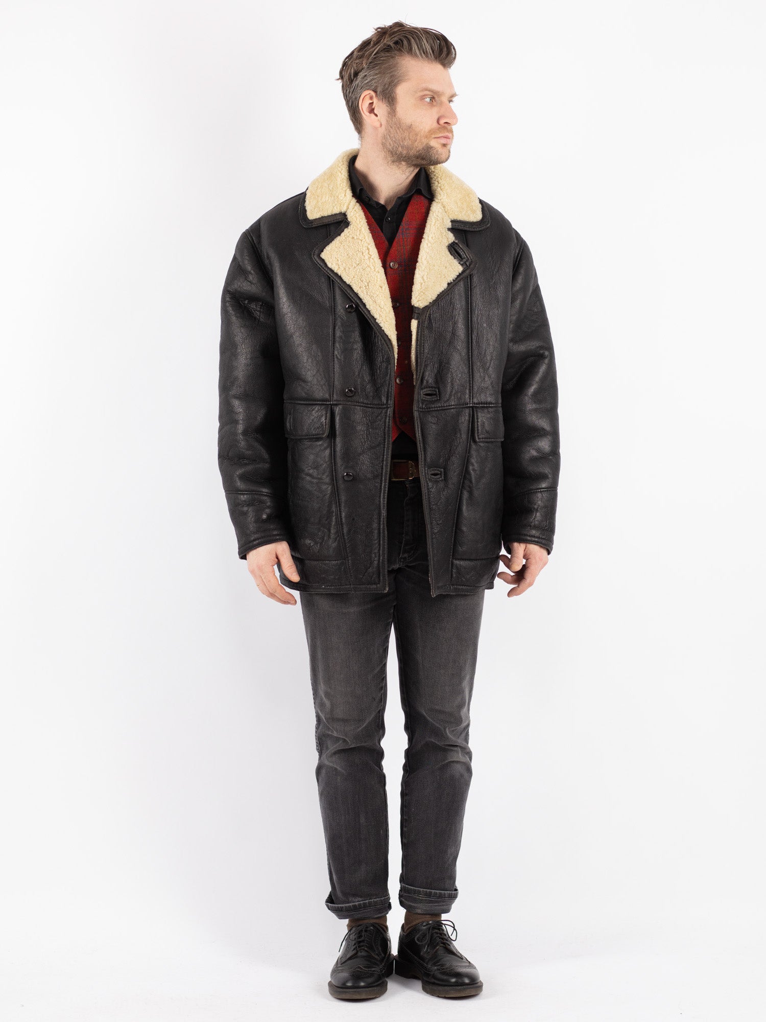 Vintage 80's Men Sheepskin Shearling Coat in Black by Northern Grip
