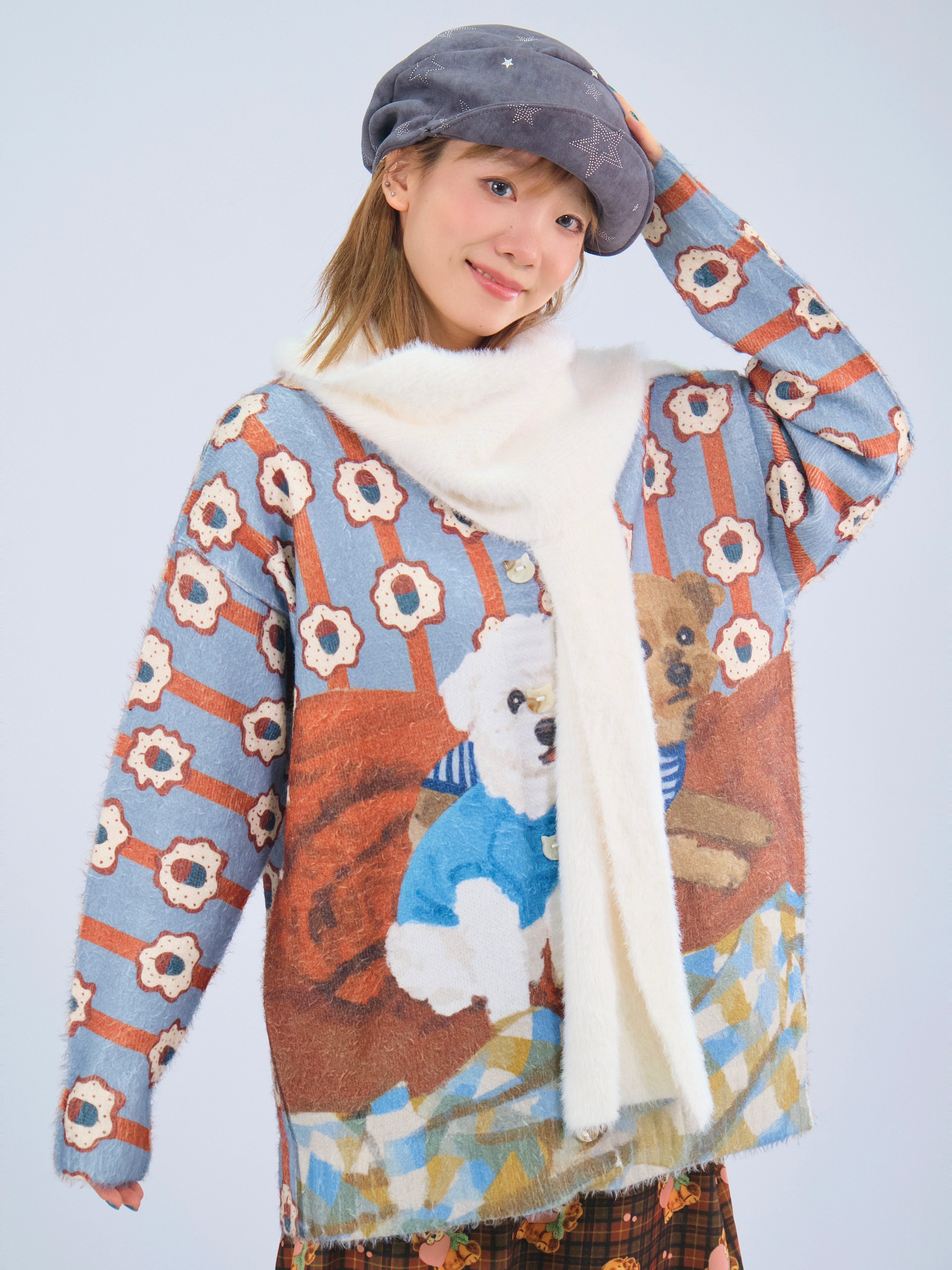 Kawaii Oak Dog Knit Cardigan Loose Fit Soft Mid-Length - MeowMeow Bug by Land Decora
