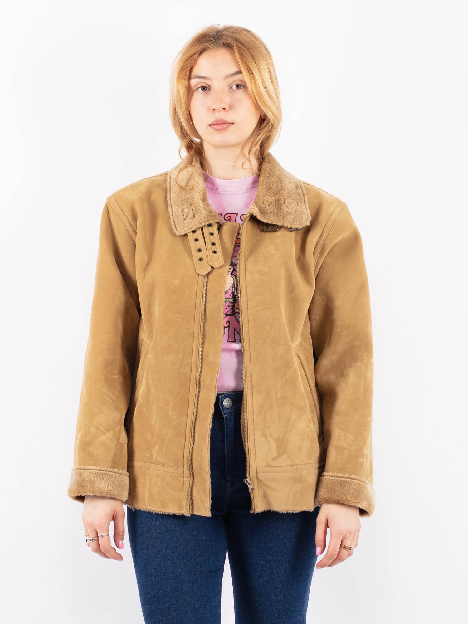 Vintage 90's Women Faux Sheepskin Jacket in Beige by Northern Grip