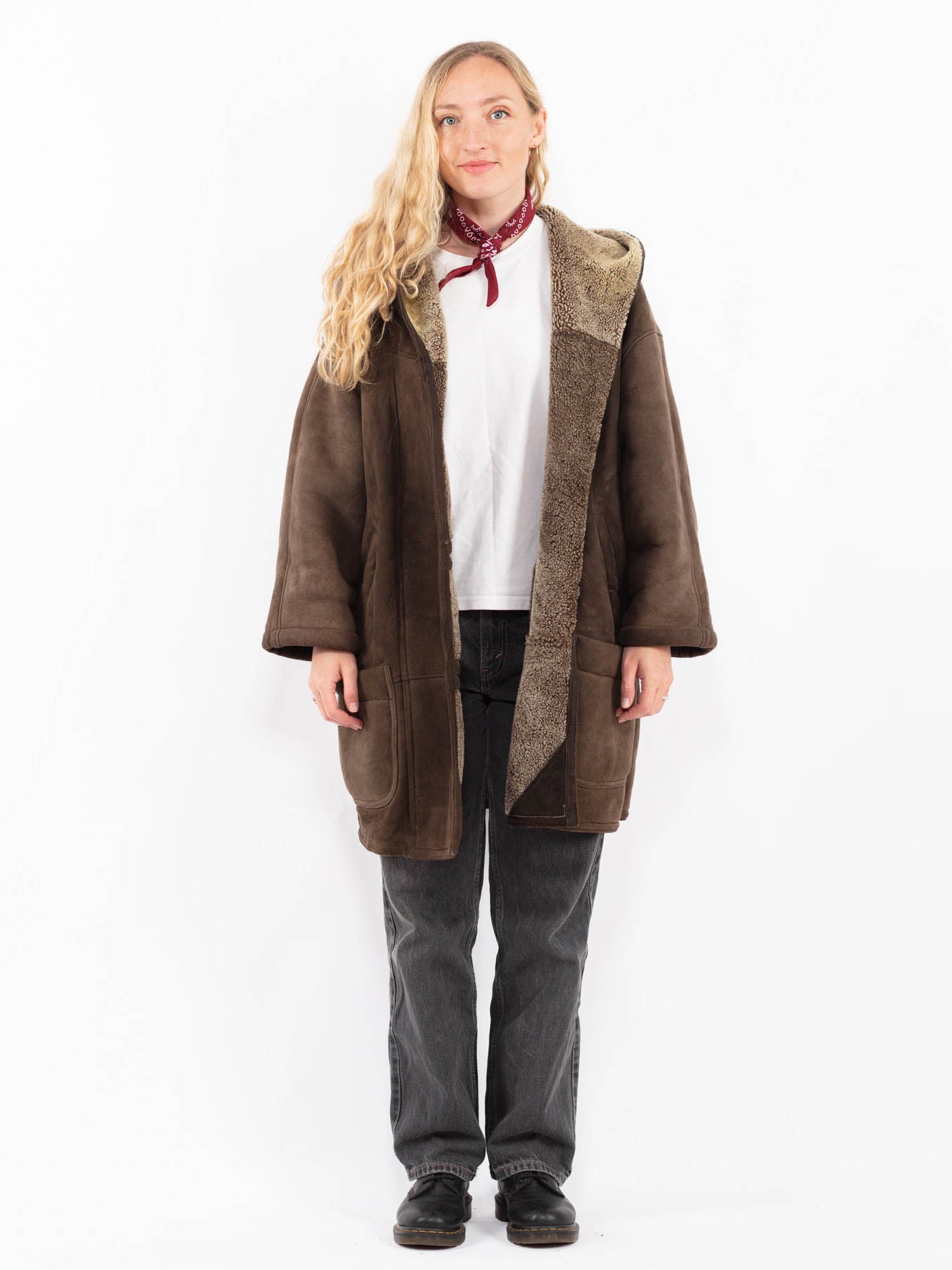 Vintage 90's Women Hooded Sheepskin Coat in Brown by Northern Grip