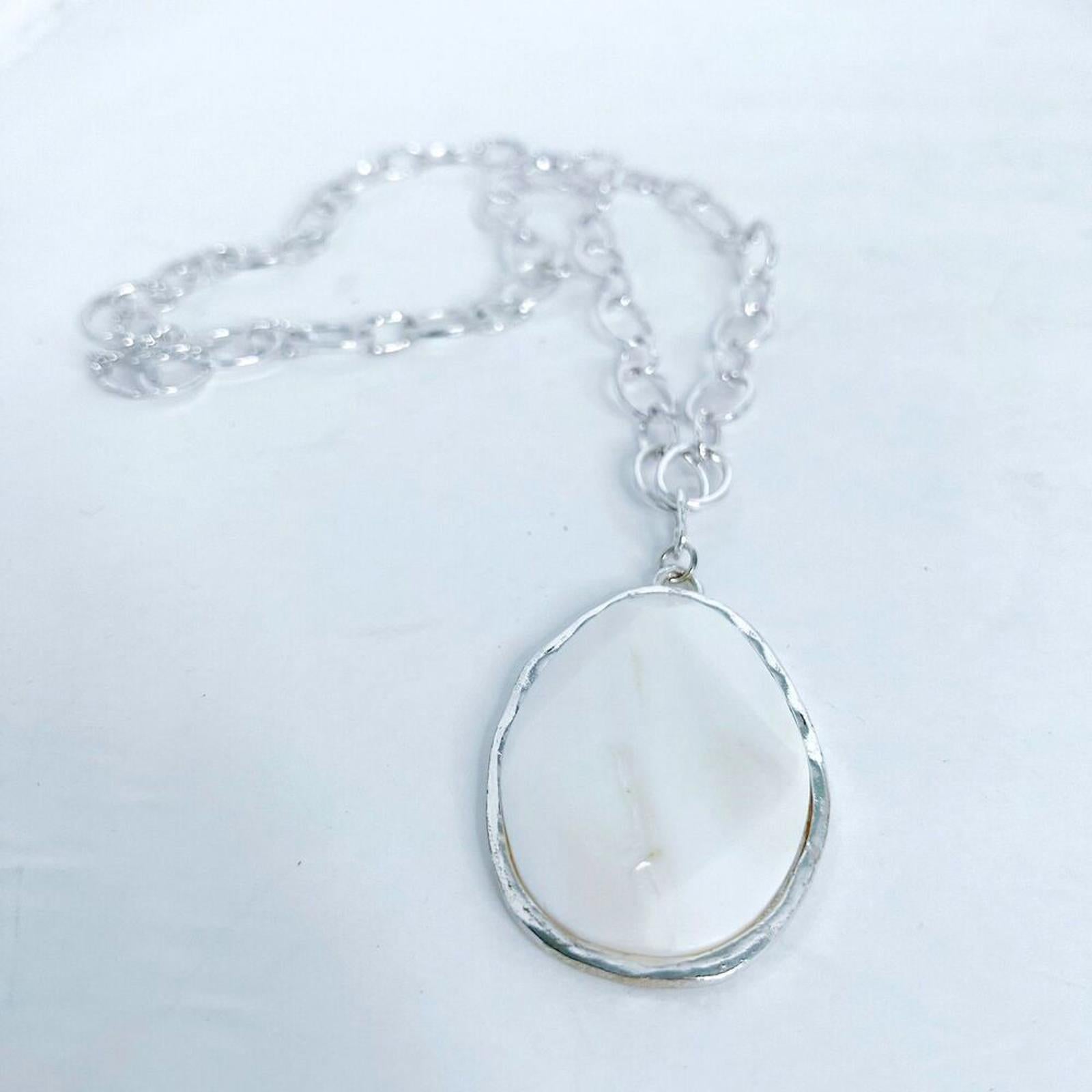 Vintage White Stone Pendant Mother of Pearl Teardrop Silver Chain Neck by Hot Girl Secondhand