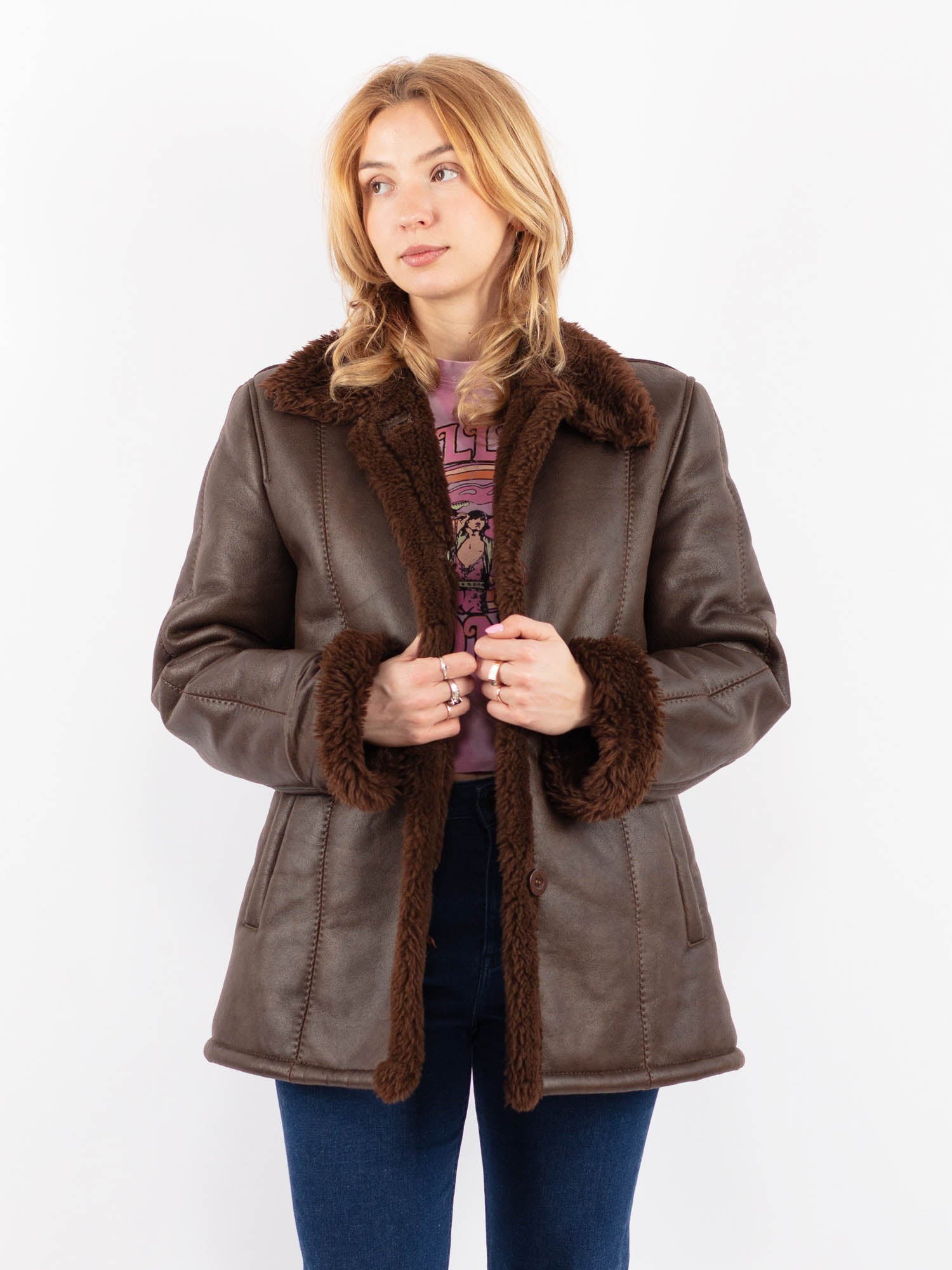 Vintage 90's Women Faux Sheepskin Coat in Brown by Northern Grip