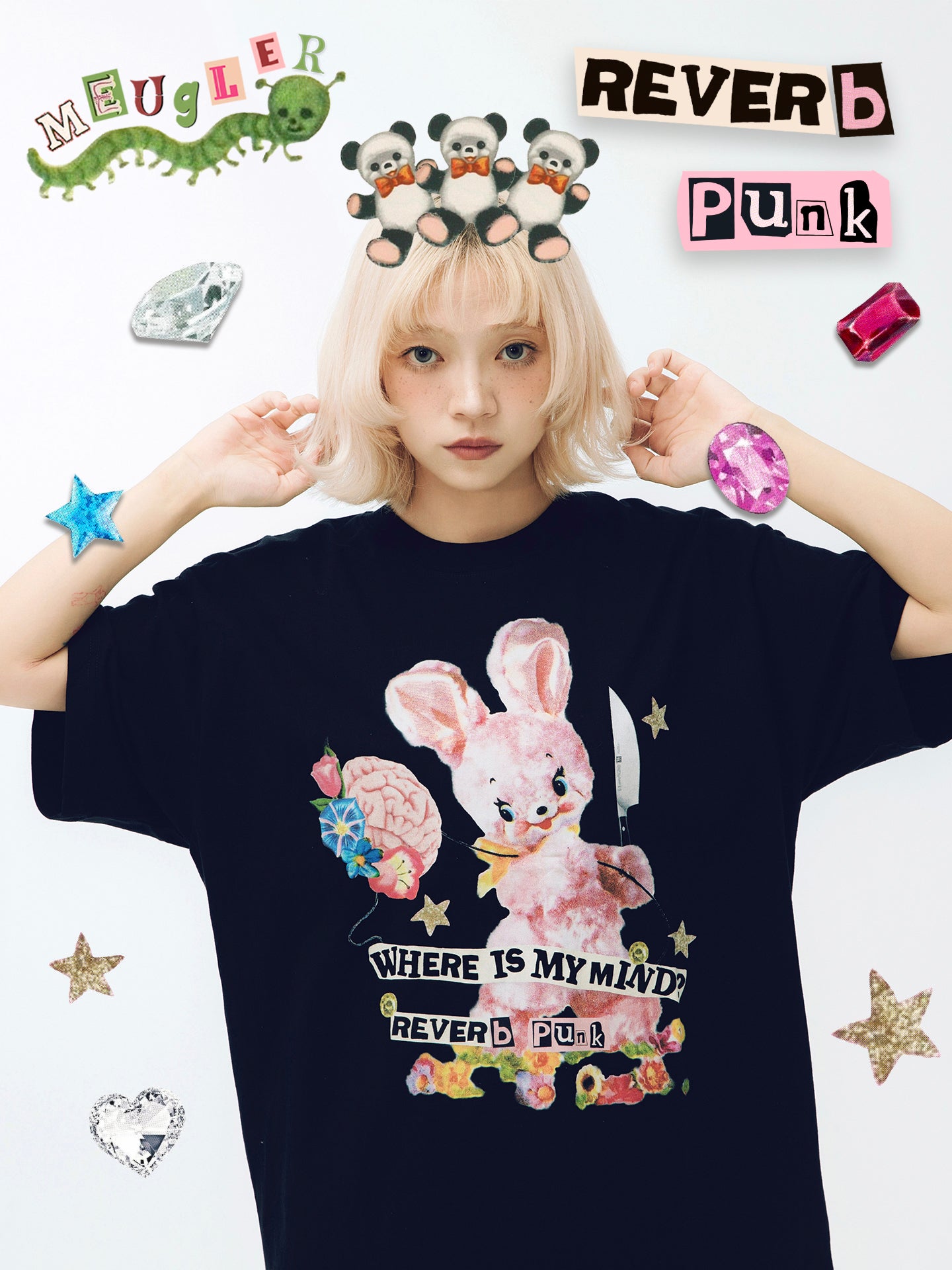 Meugler Kawaii Patchwork Punk Doll T-Shirt – Short Sleeve Harajuku Streetwear by Land Decora