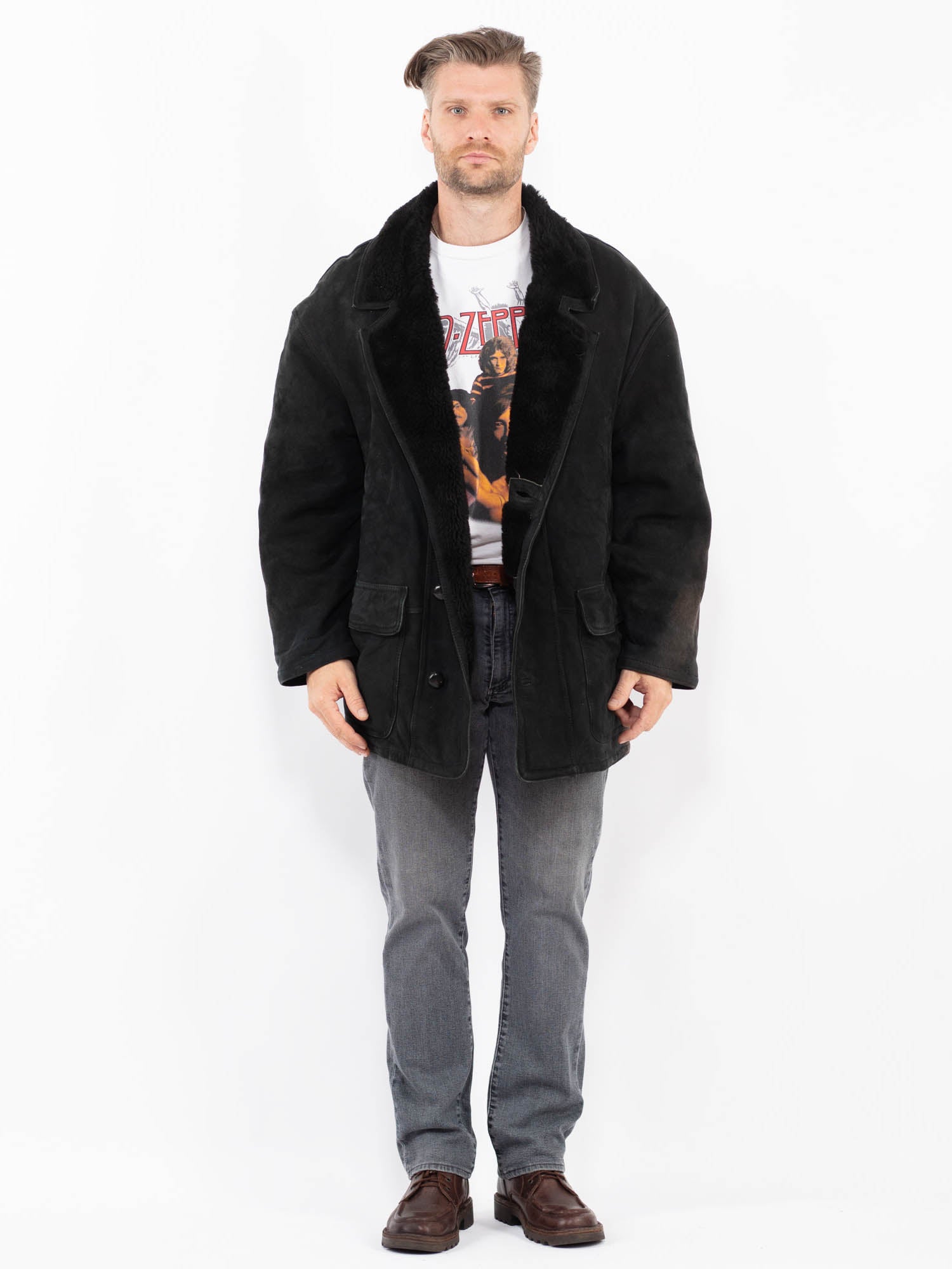 Vintage 90's Men Sheepskin Coat in Black by Northern Grip