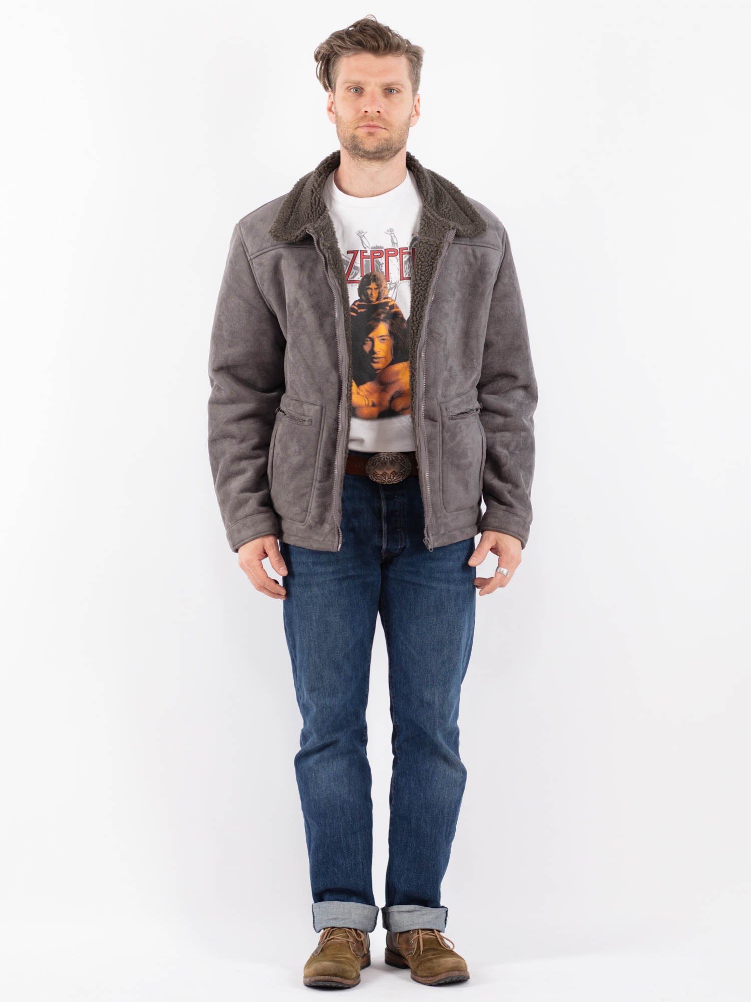 Vintage 00's Men Faux Sheepskin Jacket in Gray by Northern Grip