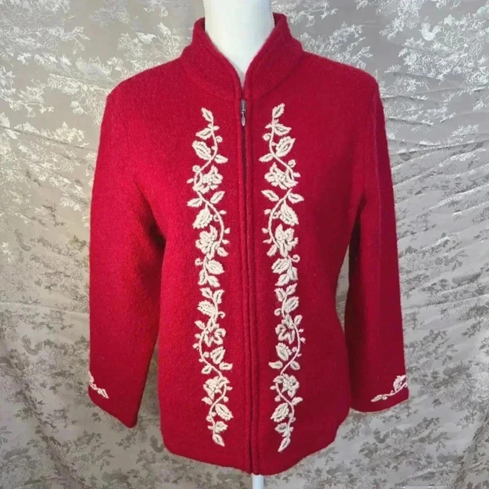 Coldwater Creek Red Boiled Wool Embroidered Jacket Size L by Hot Girl Secondhand