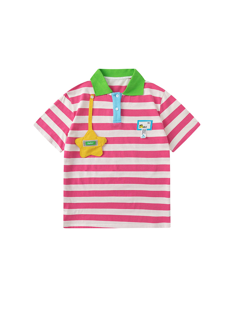 KURIOSITAET - Decora Kei Pink Striped Polo Collar T-shirt by Land Decora