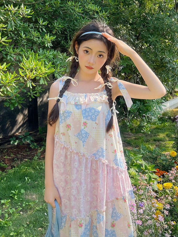 Kawaii Floral Patchwork Tie Strap Dress Ruffled Slim Long - Mameya by Land Decora