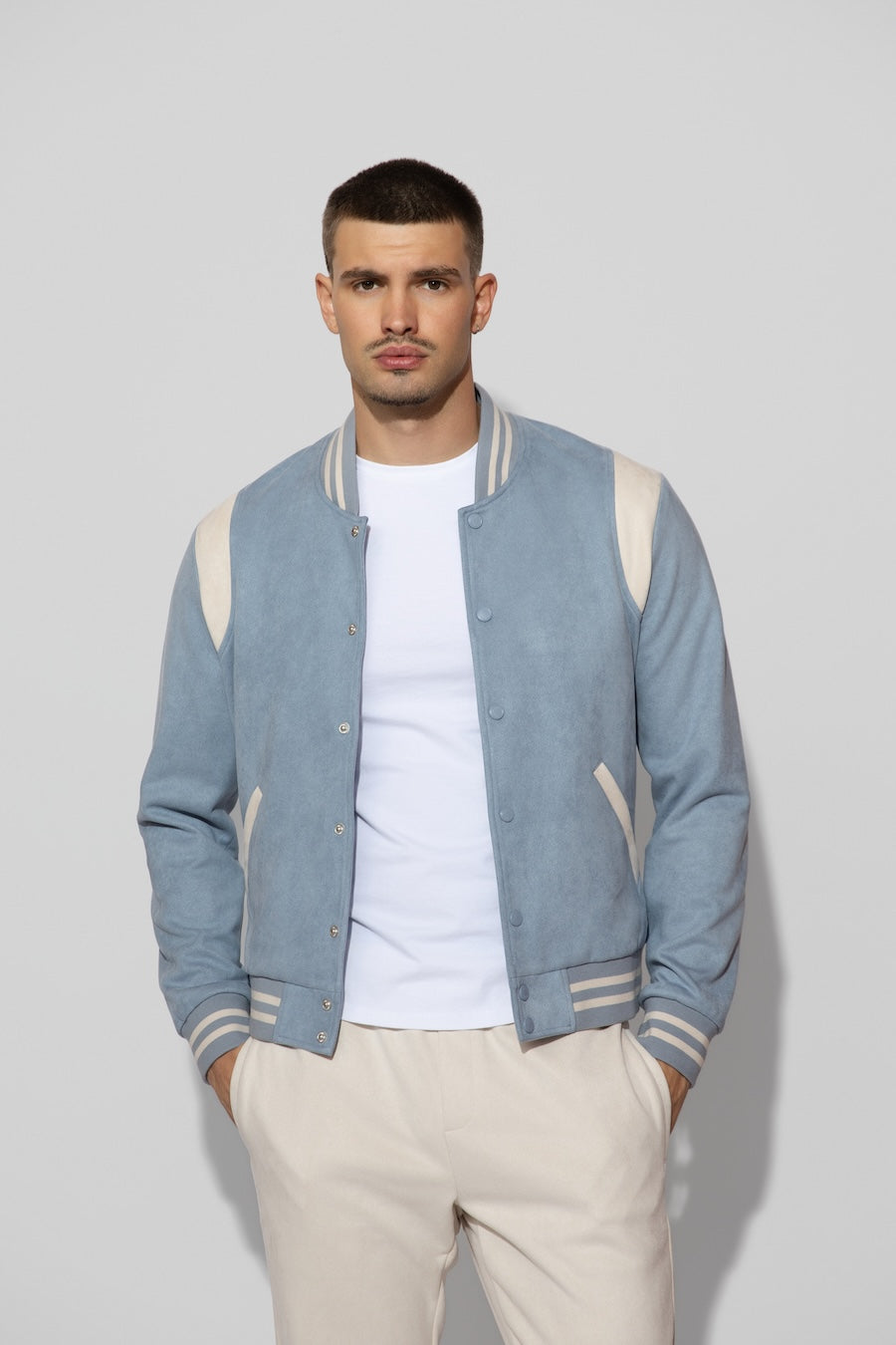Jeter Suede Carolina Stretch Varsity Jacket by MONFRERE