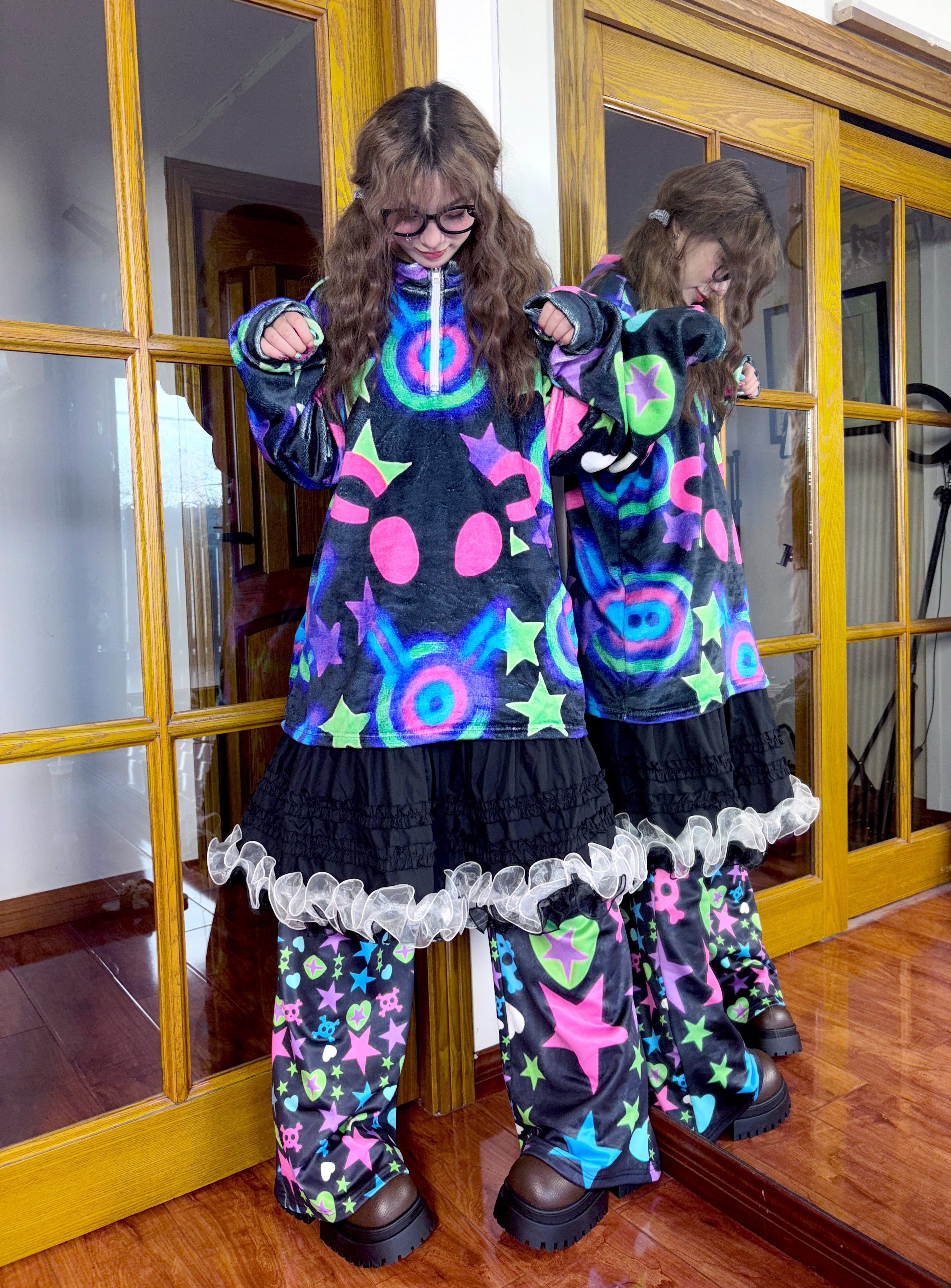 Y2K Kawaii Loose Fleece Sweatshirt - Alien Print - Leerroo by Land Decora