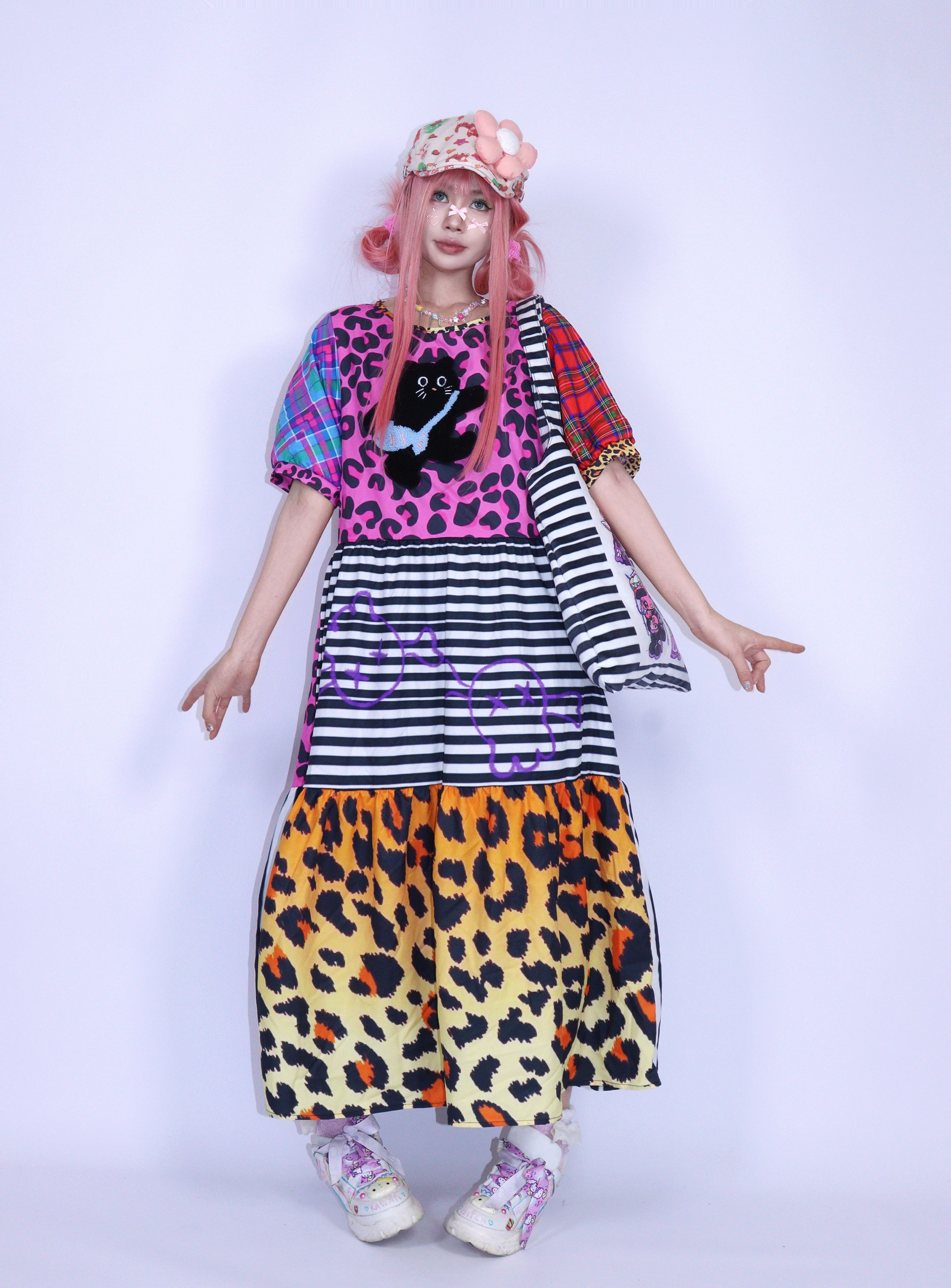 LEERROO Dress Round Neck Loose Puff Dress Leopard Print Long Dress by Land Decora