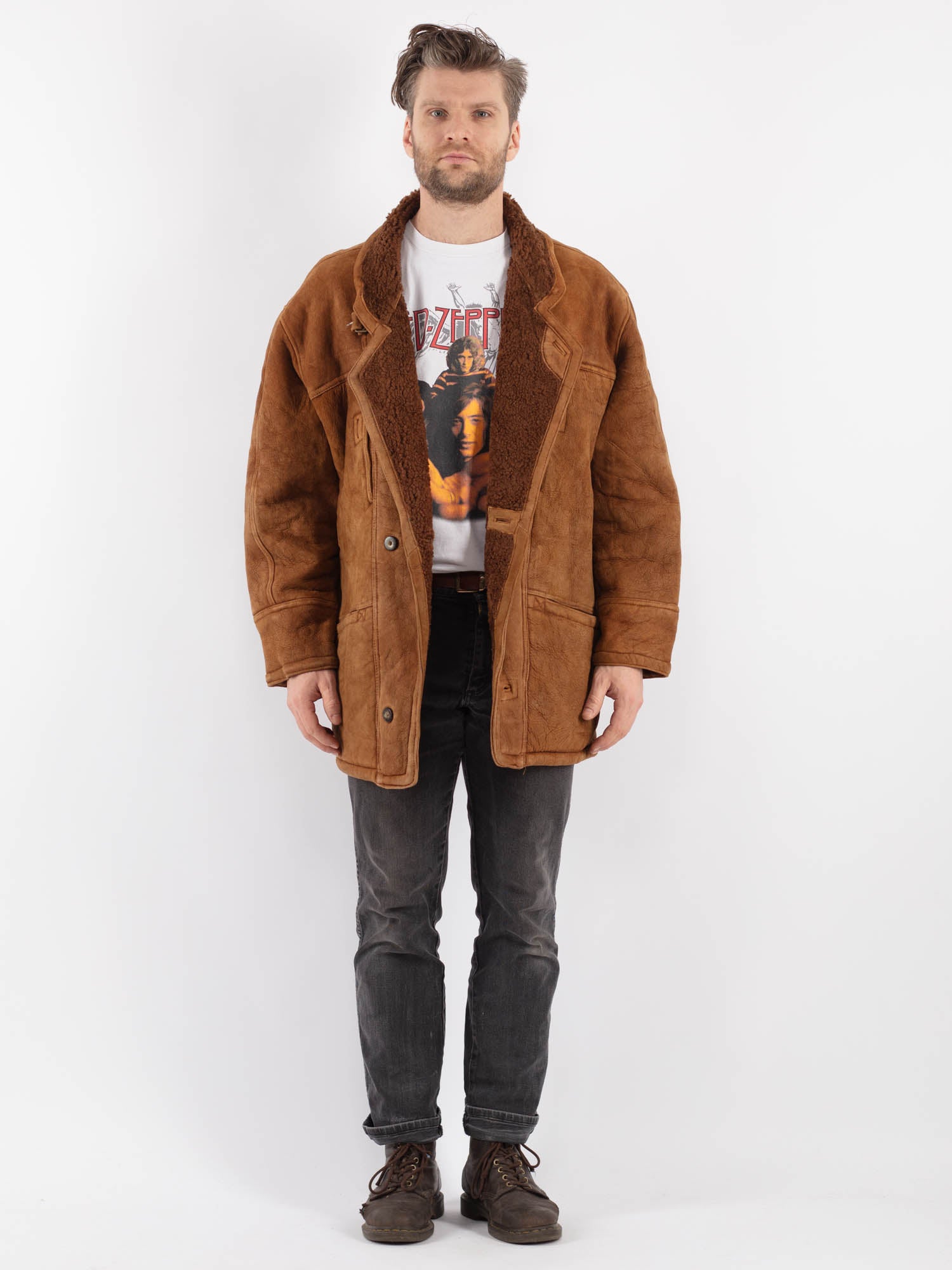 Vintage 80's Men Sheepskin Coat in Brown by Northern Grip