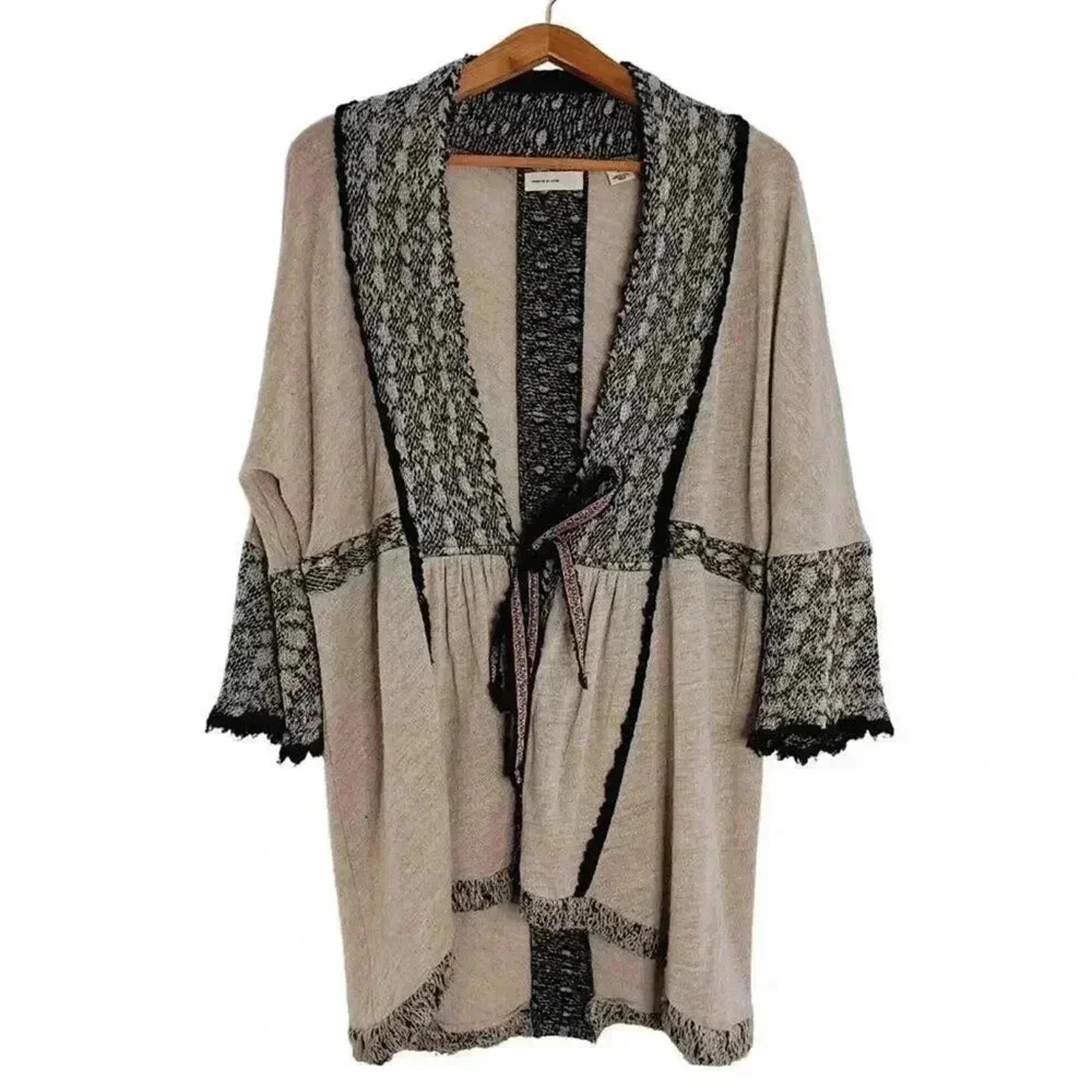 Anthropologie Sleeping on Snow Oatmeal Black Embroidered Knit Cardigan by Hot Girl Secondhand