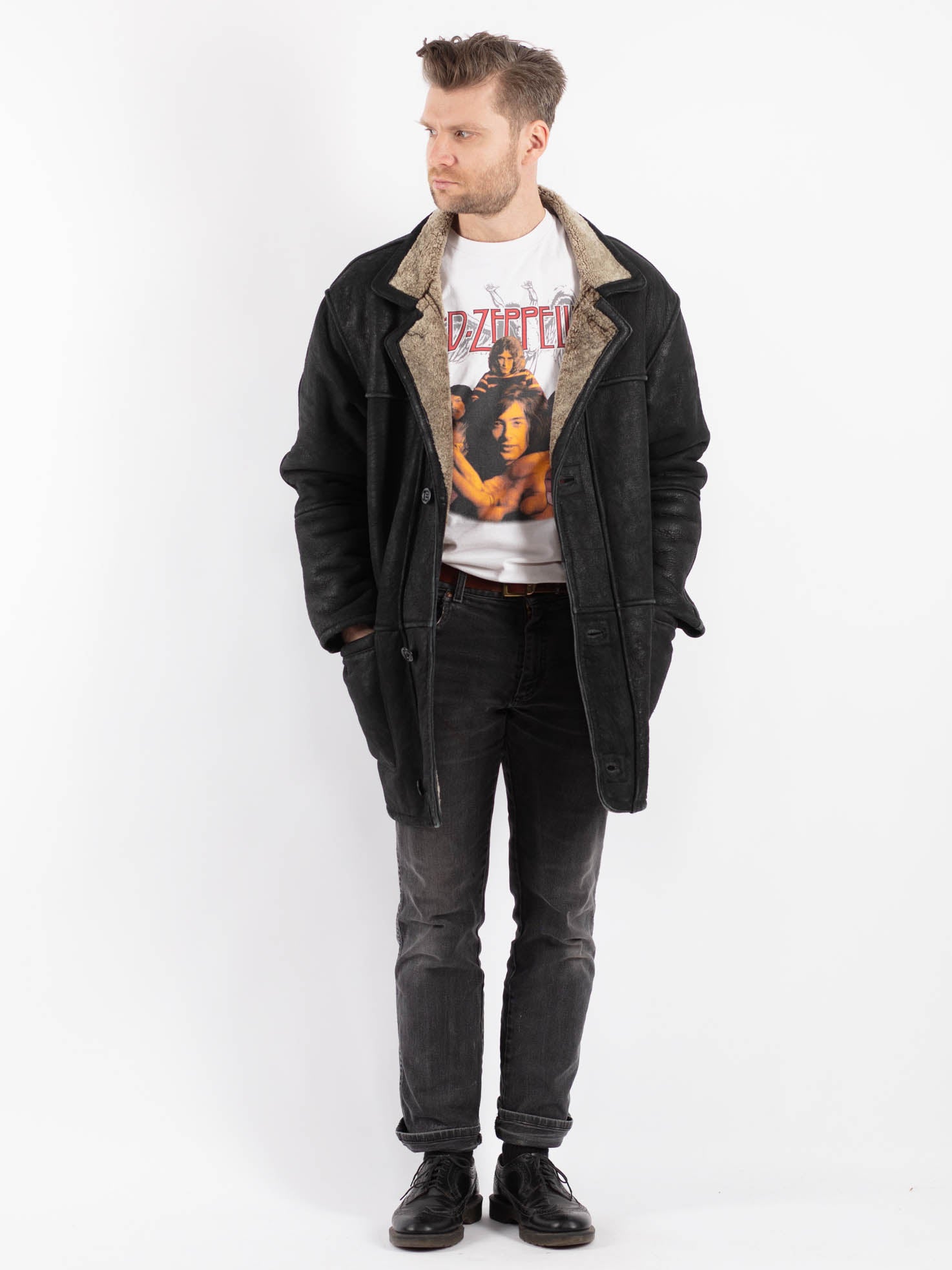 Vintage 90's Men Sheepskin Coat in Black by Northern Grip