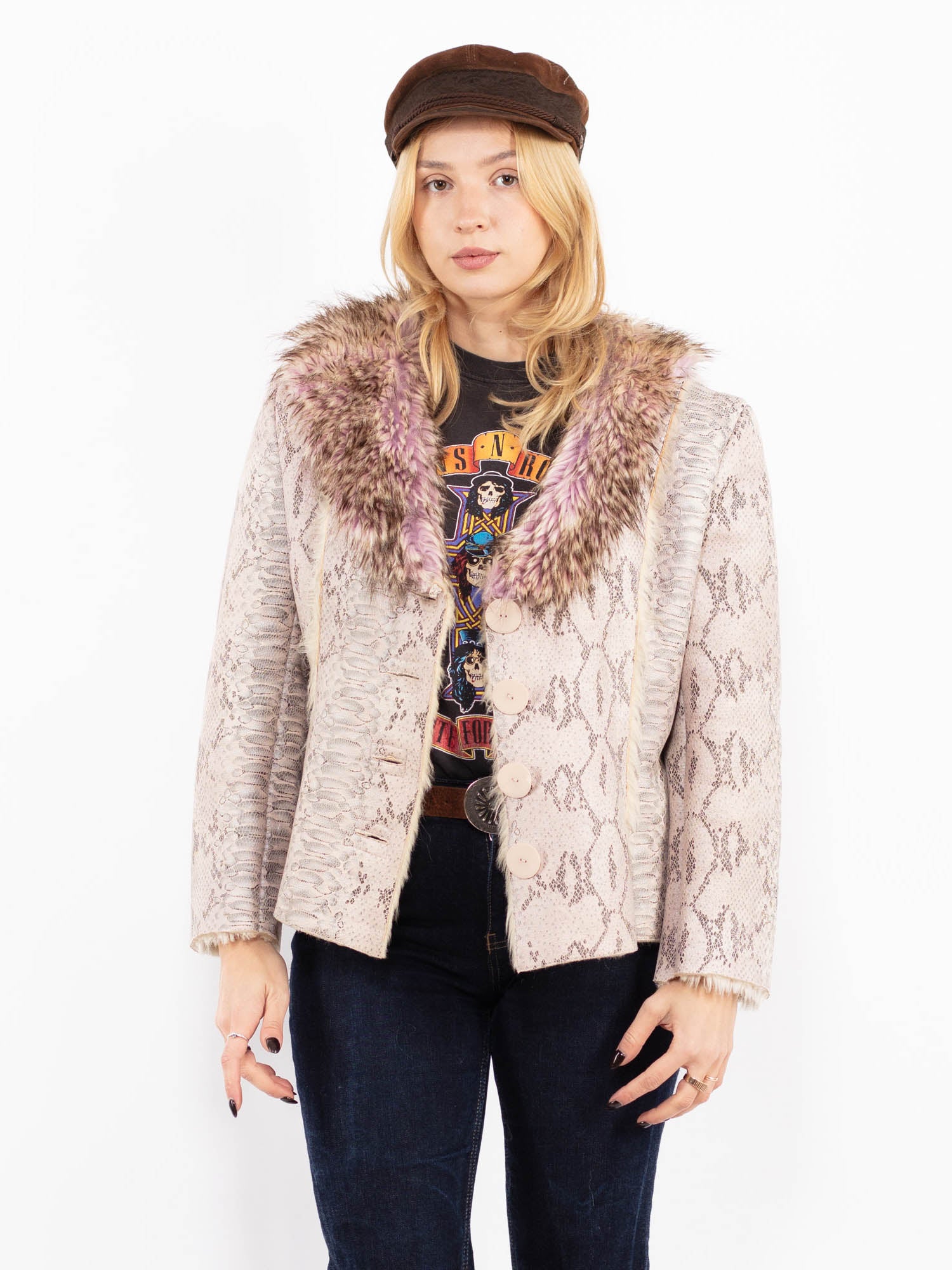 Vintage 00's Penny Lane Snake Print Faux Sheepskin Jacket in Pink by Northern Grip