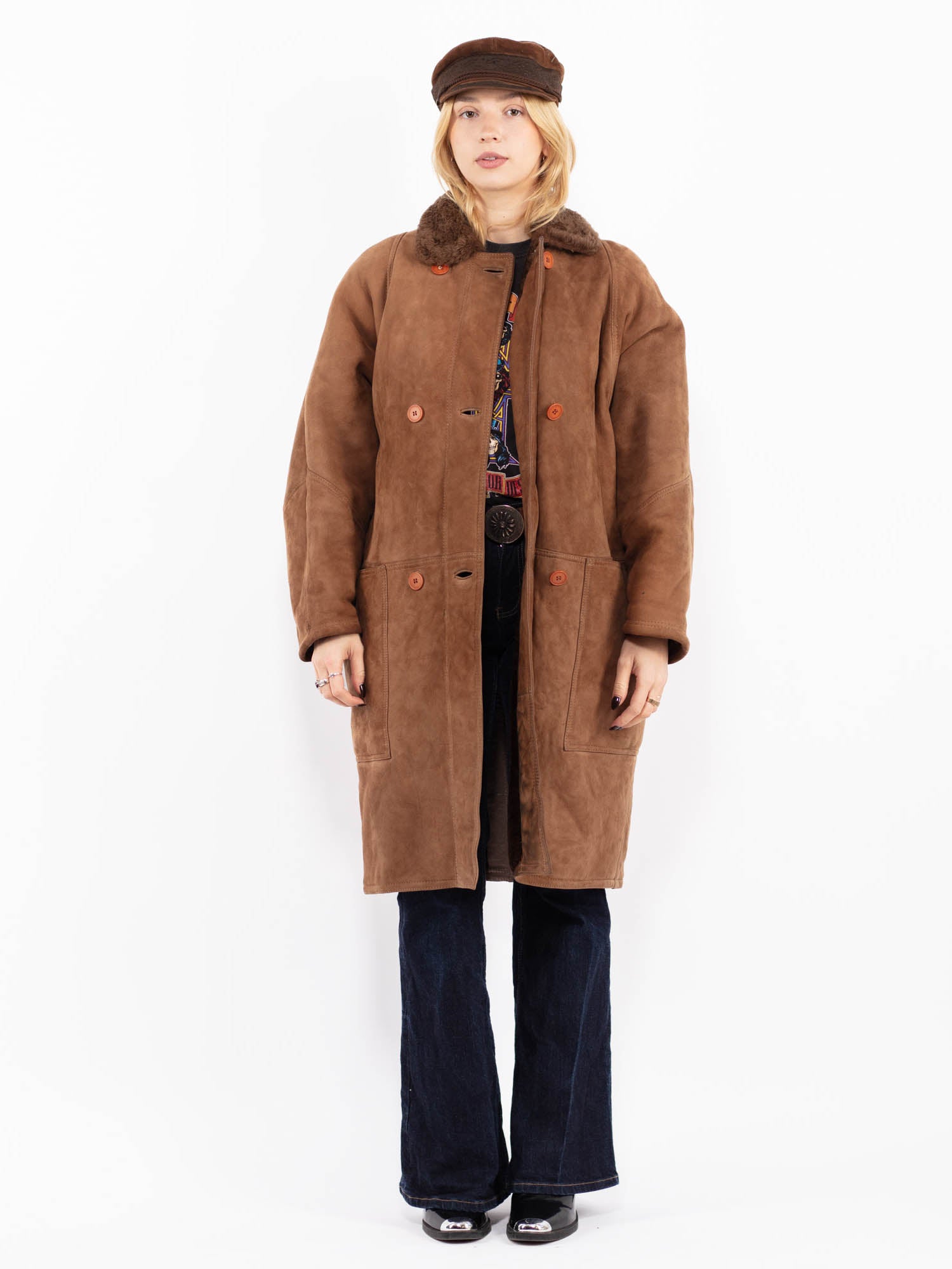 Vintage 80's Women Oversized Sheepskin Coat in Brown by Northern Grip