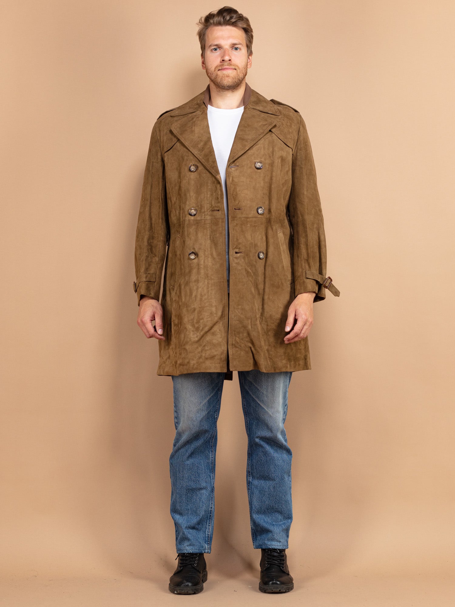 Vintage 70's Men Belted Suede Coat in Dark Beige by Northern Grip