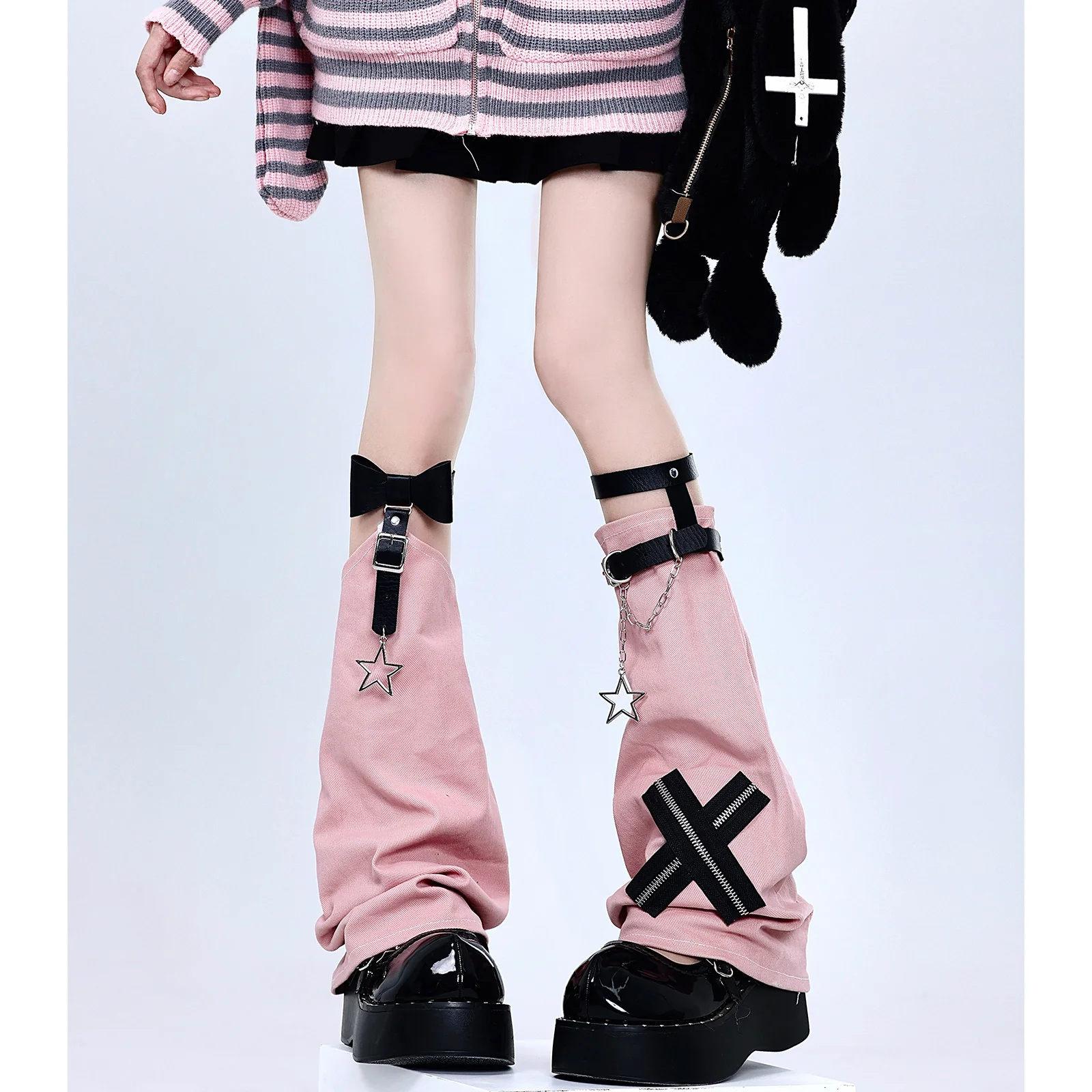 Y2K Leg Warmers - Pink Black Cross Chain Style by Land Decora