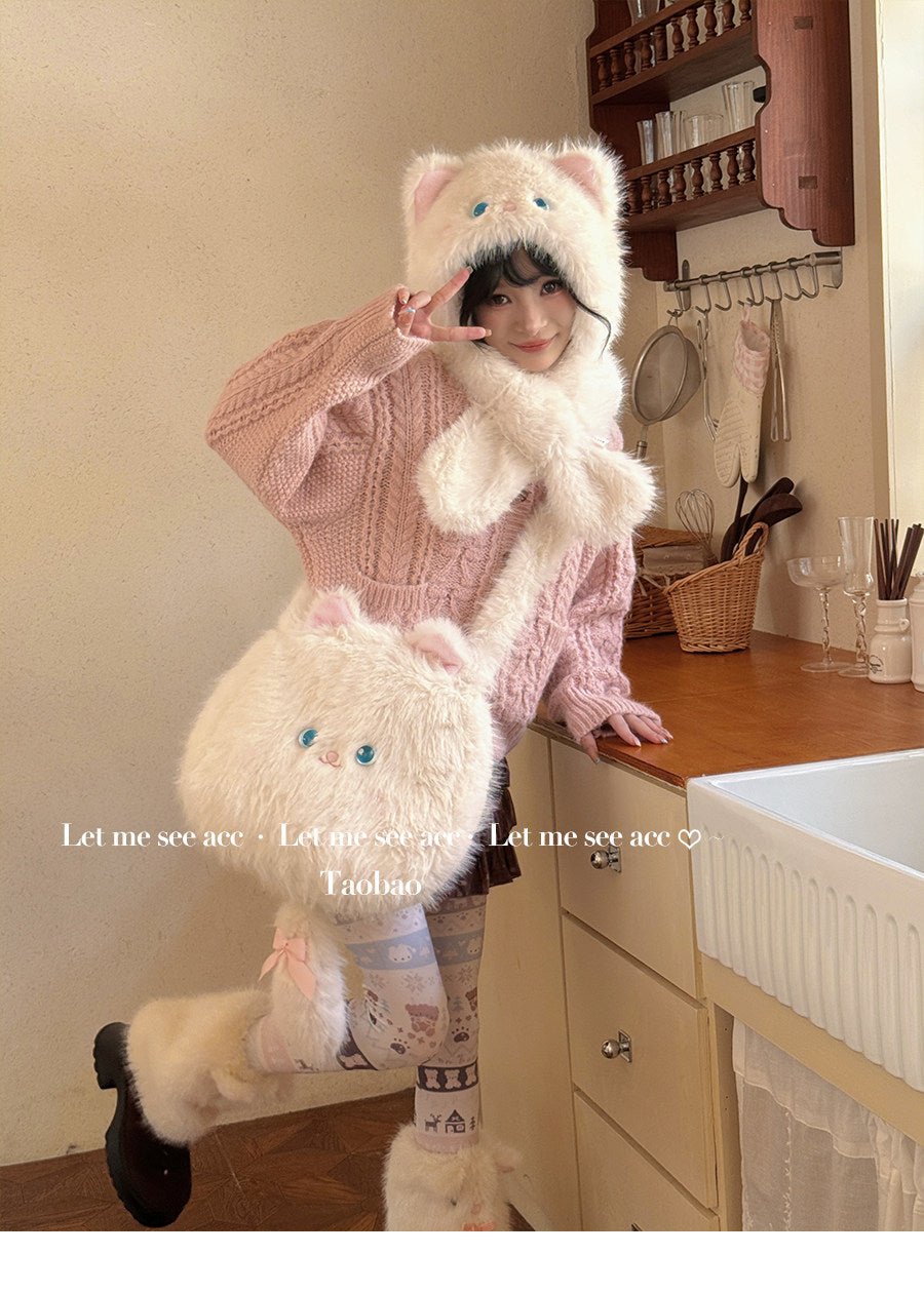 Cute Cat Plush Winter Hat & Scarf Set - LET ME SEE by Land Decora