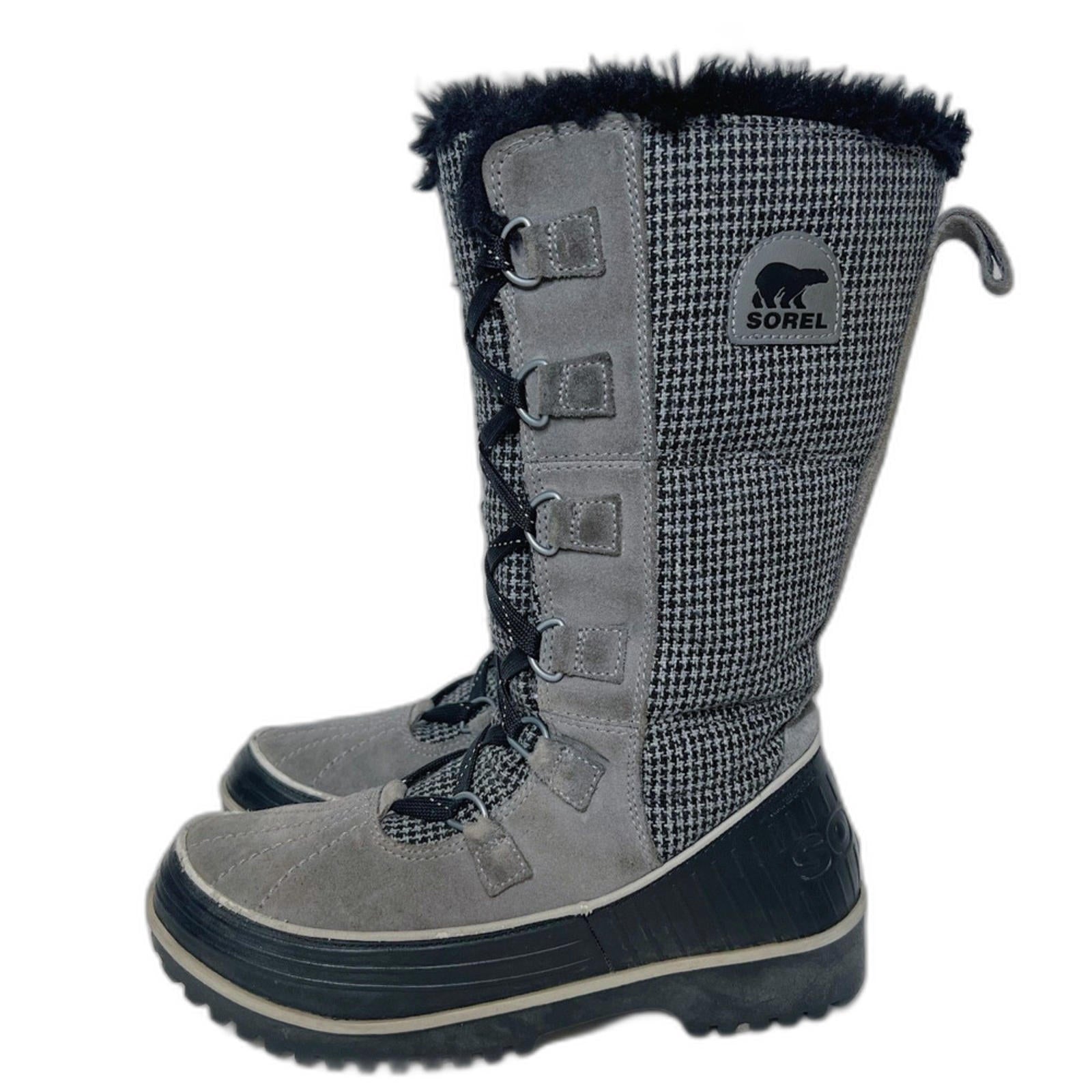 Sorel Joan of Arctic Winter Boots Grey and Black Houndstooth Fur Lined by Hot Girl Secondhand
