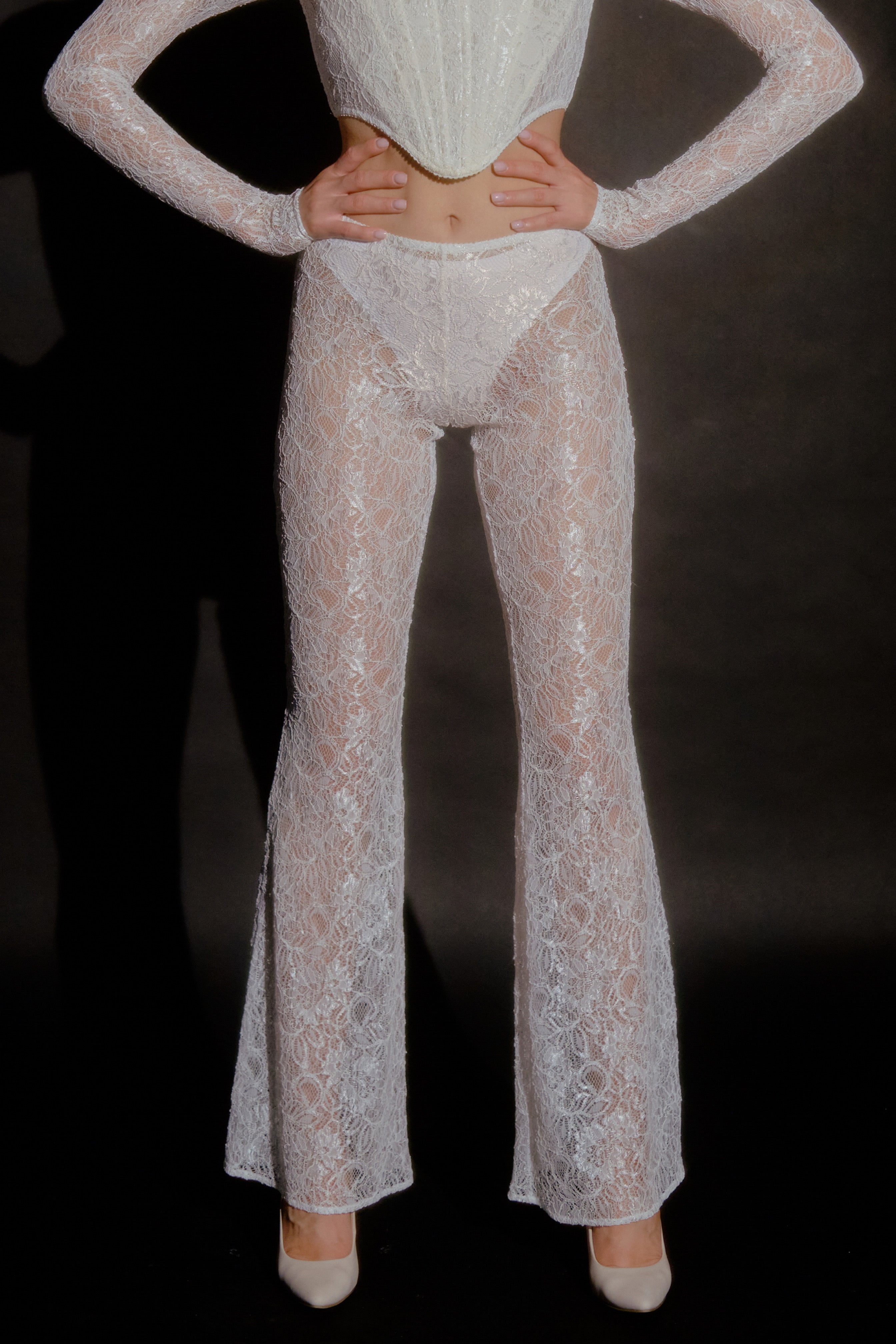 Fleur French Lace Flared Pants in White by MERIEL