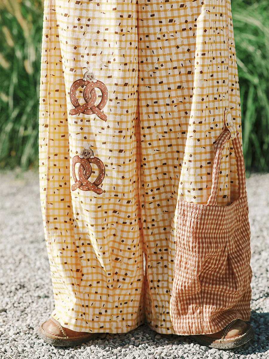Meugler Lye Bread Basket Asymmetric Print Plaid Wide-Leg Pants by Land Decora