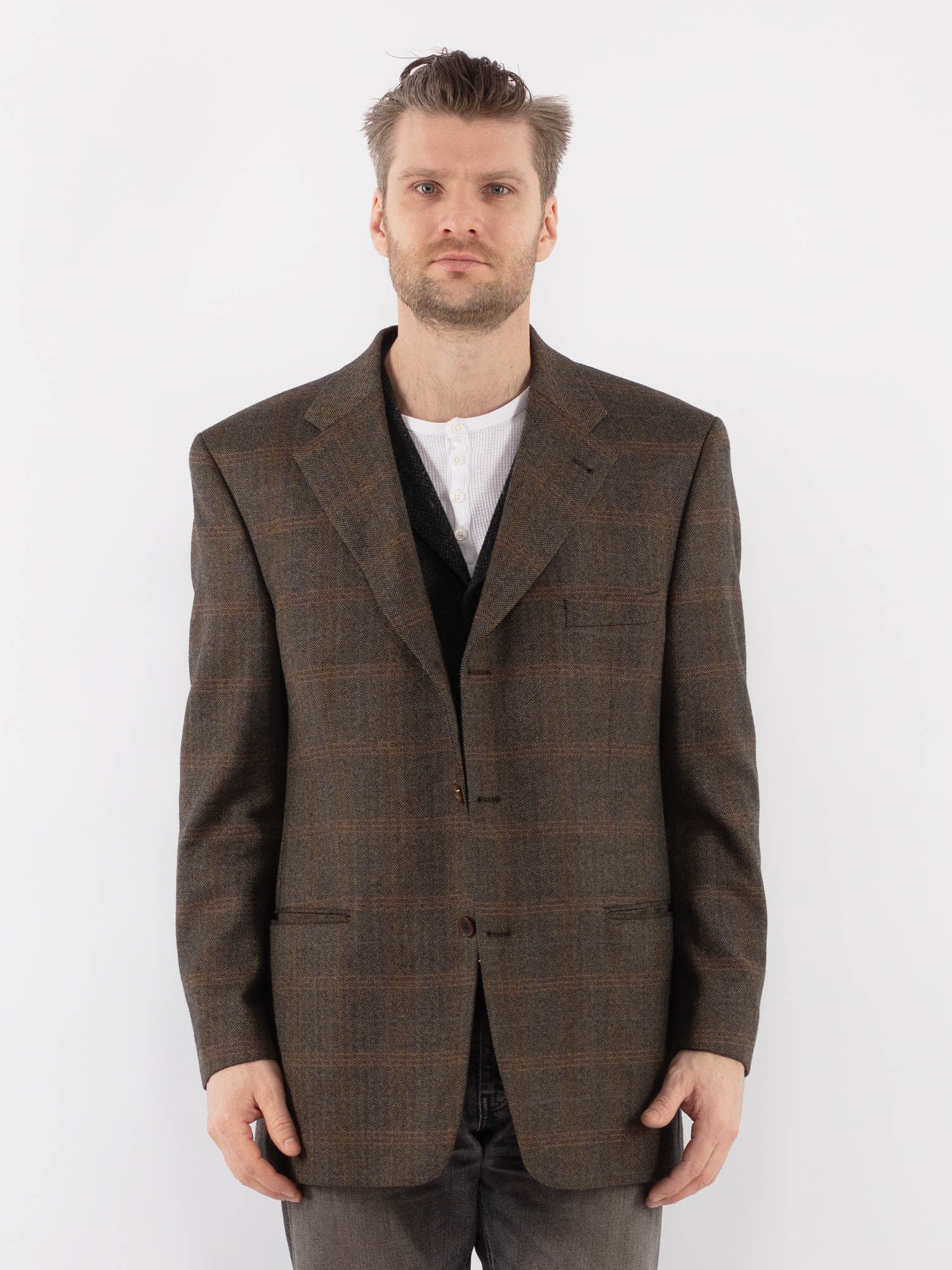 Vintage 90's Men Cashmere Wool Blend Blazer Jacket in Brown by Northern Grip