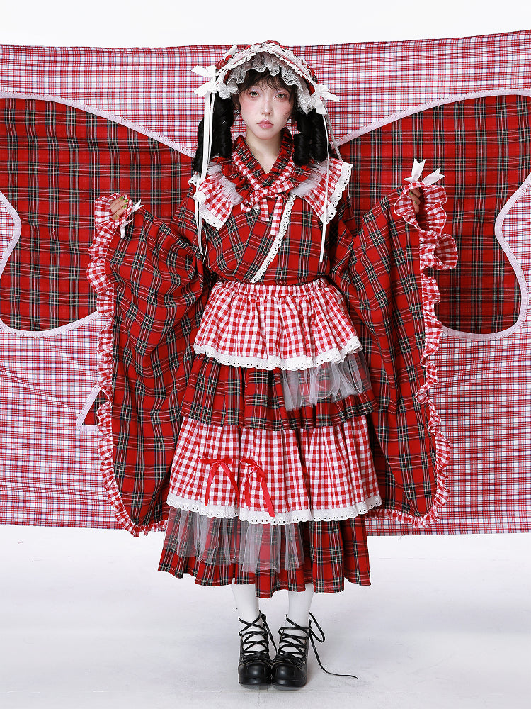 SOS MEME CLUB Showa Retro Kimono Blouse – Red Plaid Kawaii Top with Obi by Land Decora