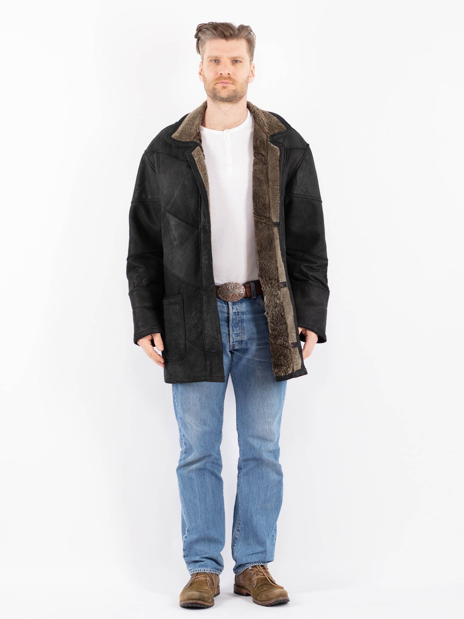 Vintage 90's Men Sheepskin Coat in Black by Northern Grip