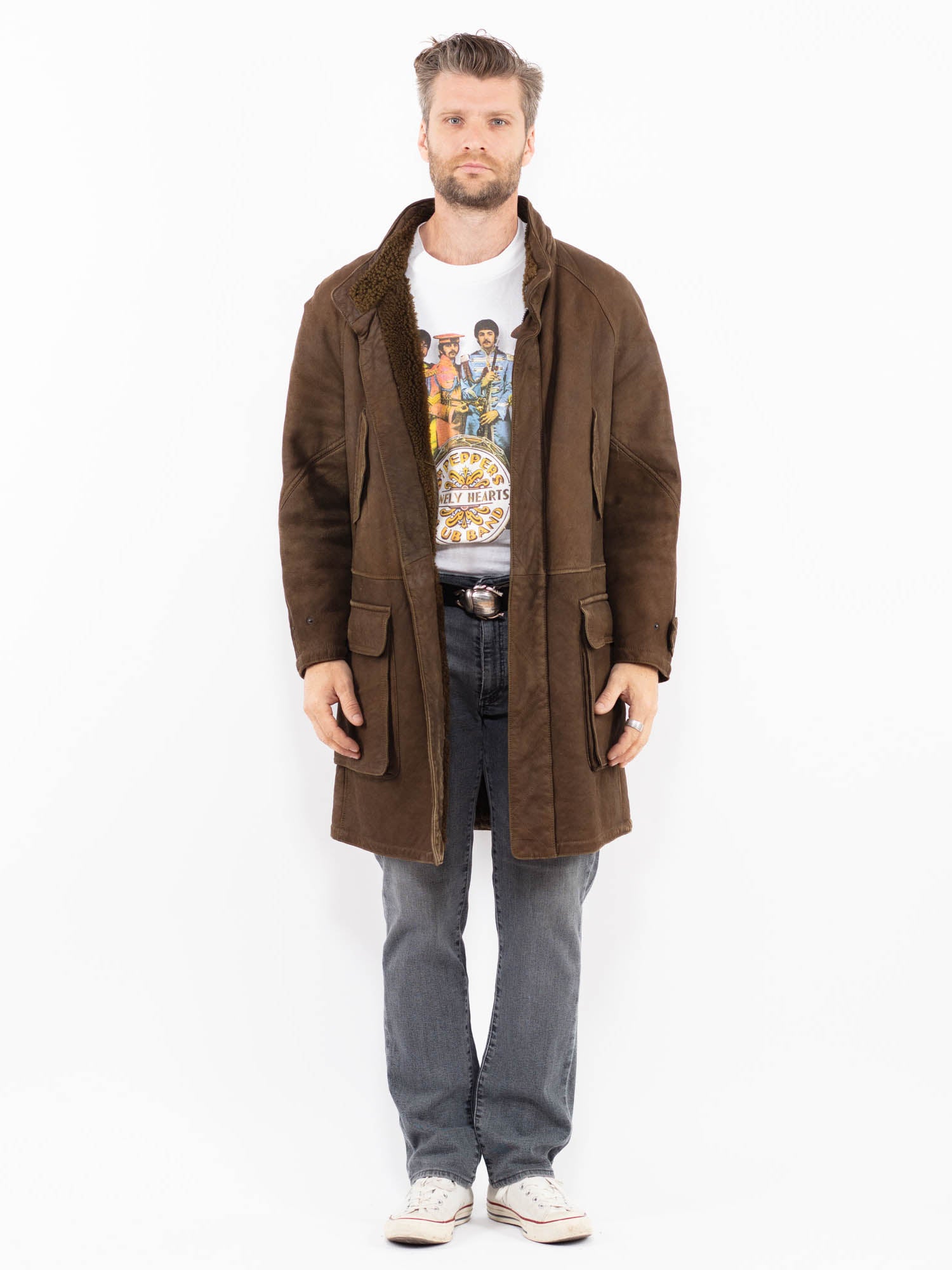 Vintage 80's Men Sheepskin Coat in Brown by Northern Grip