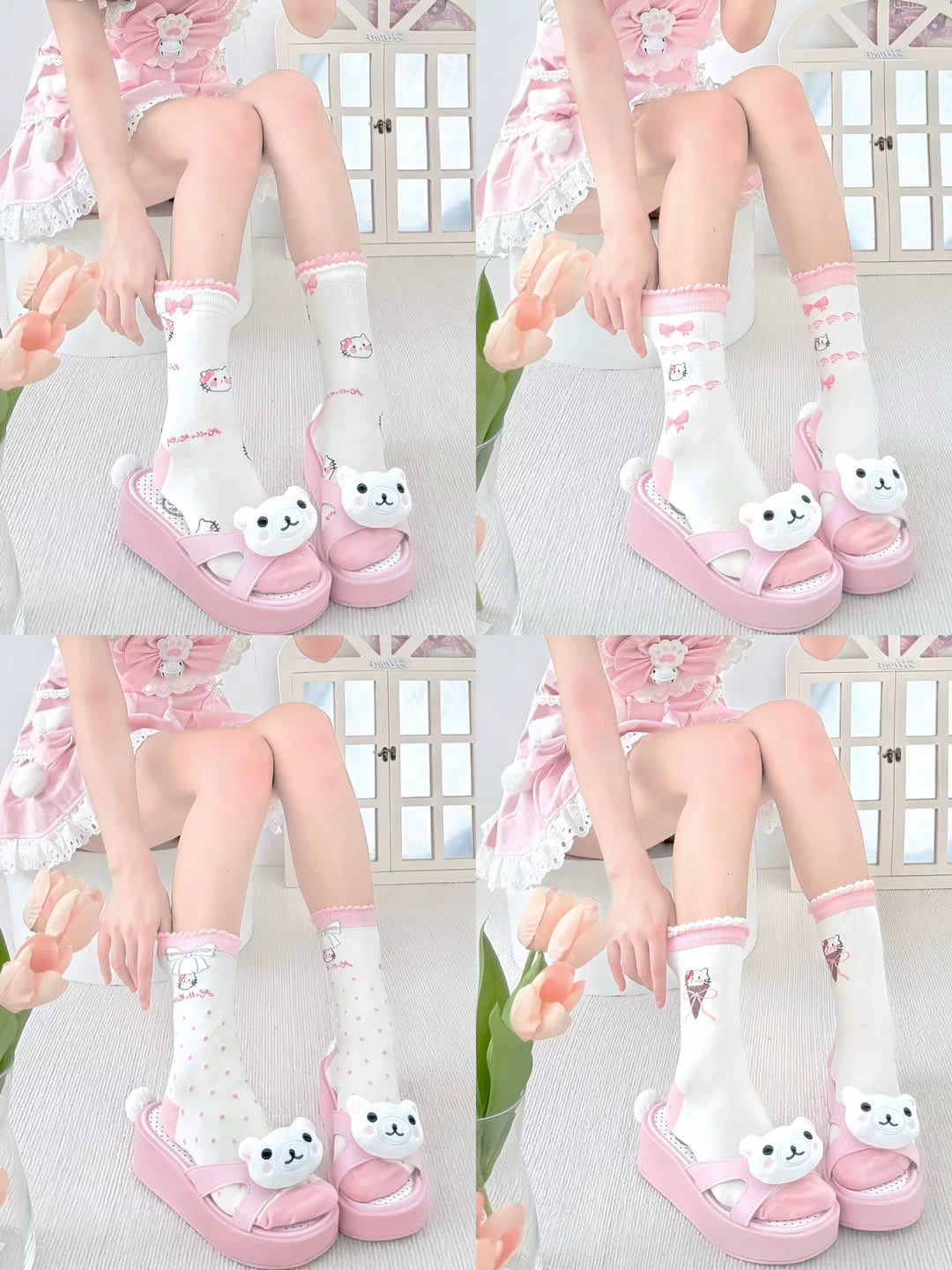 Kawaii Socks Pink Bow Sweet Lolita Print Mid Calf - 2 Bears by Land Decora