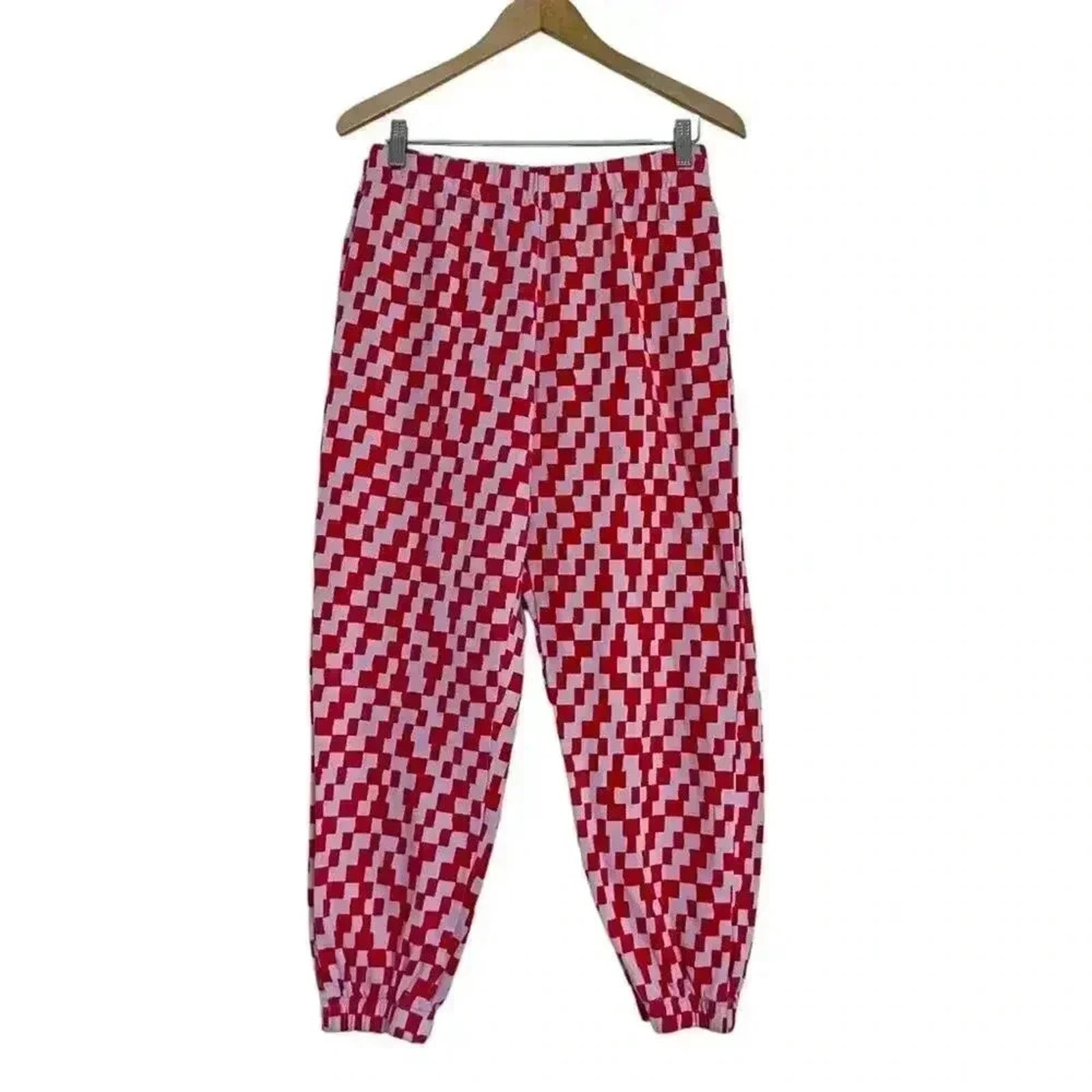 BP Pink and Orange Checker Print Geometric Terry Cloth Sweatpants Wome by Hot Girl Secondhand