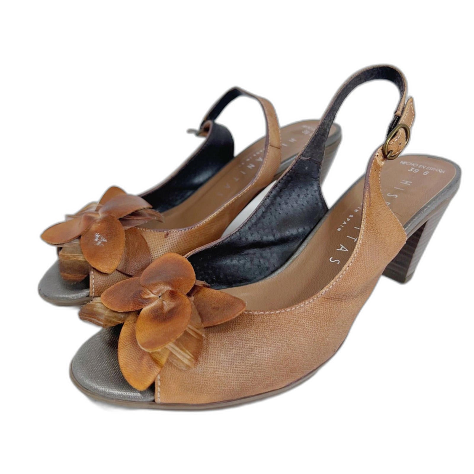 Hispanitas Tan Leather Strappy Slingback Heels Flower Detail Women's S by Hot Girl Secondhand