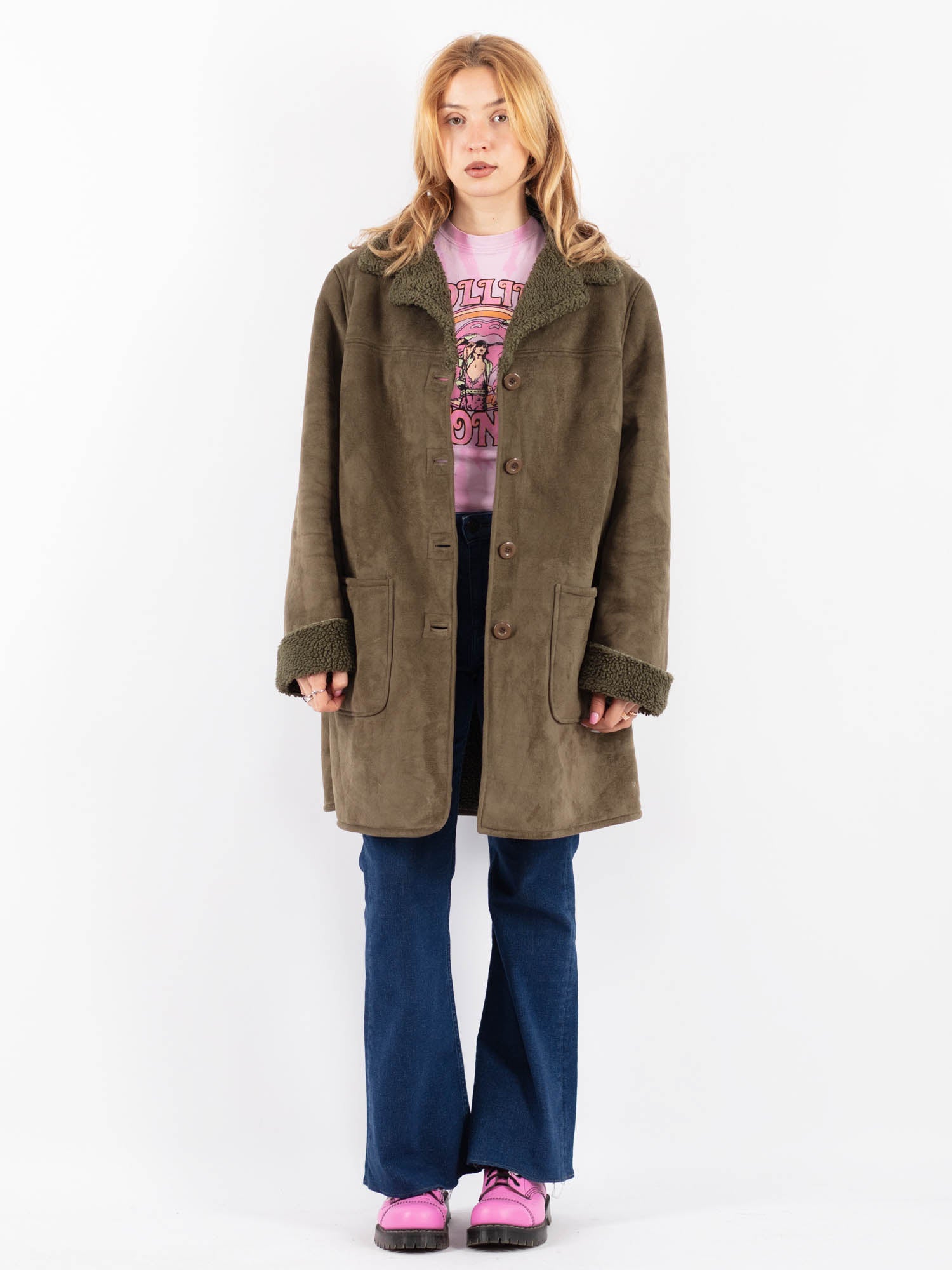 Vintage 90's Women Faux Sheepskin Coat in Green by Northern Grip