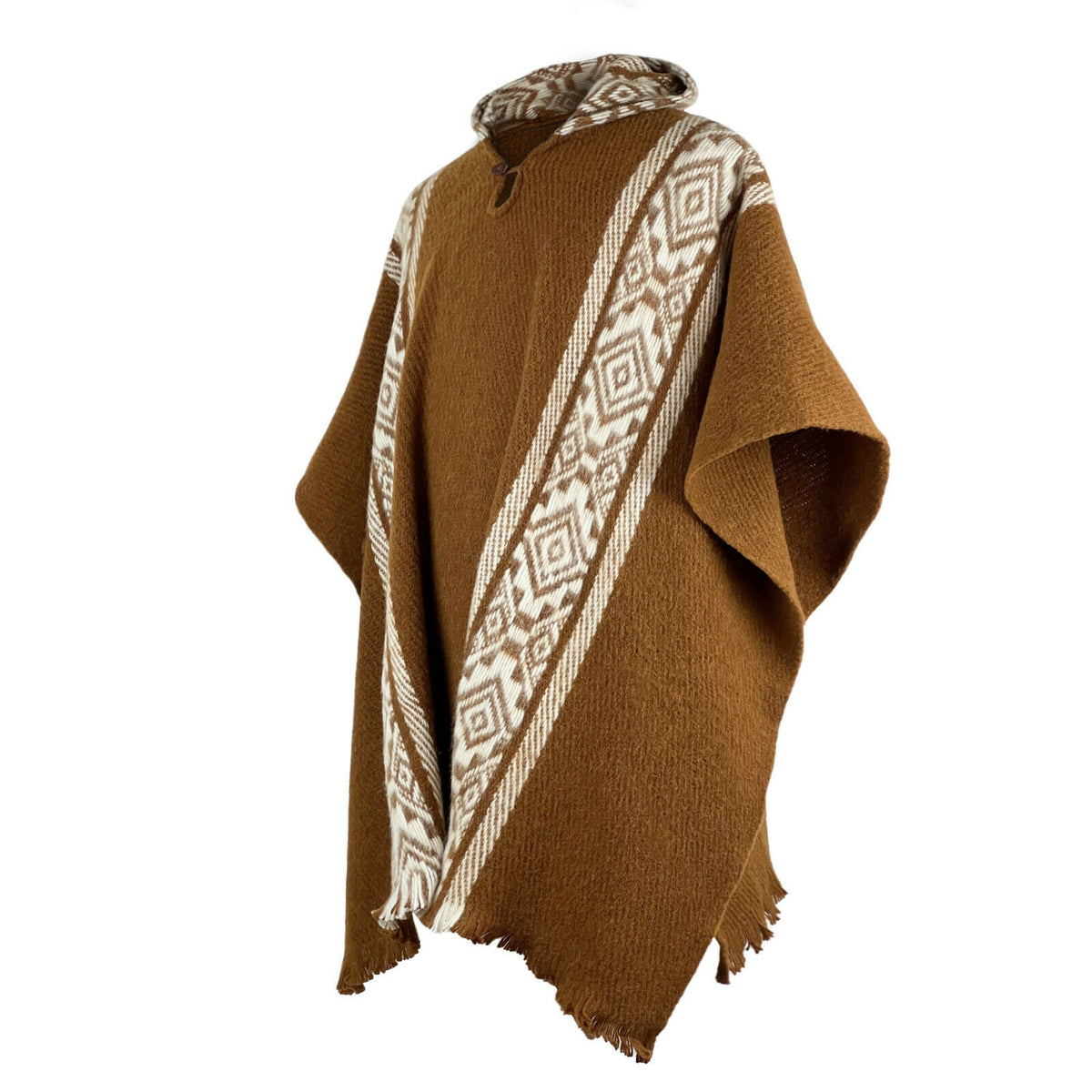 Llama Wool Unisex South American Handwoven Hooded Poncho - brown by ECUALAMA