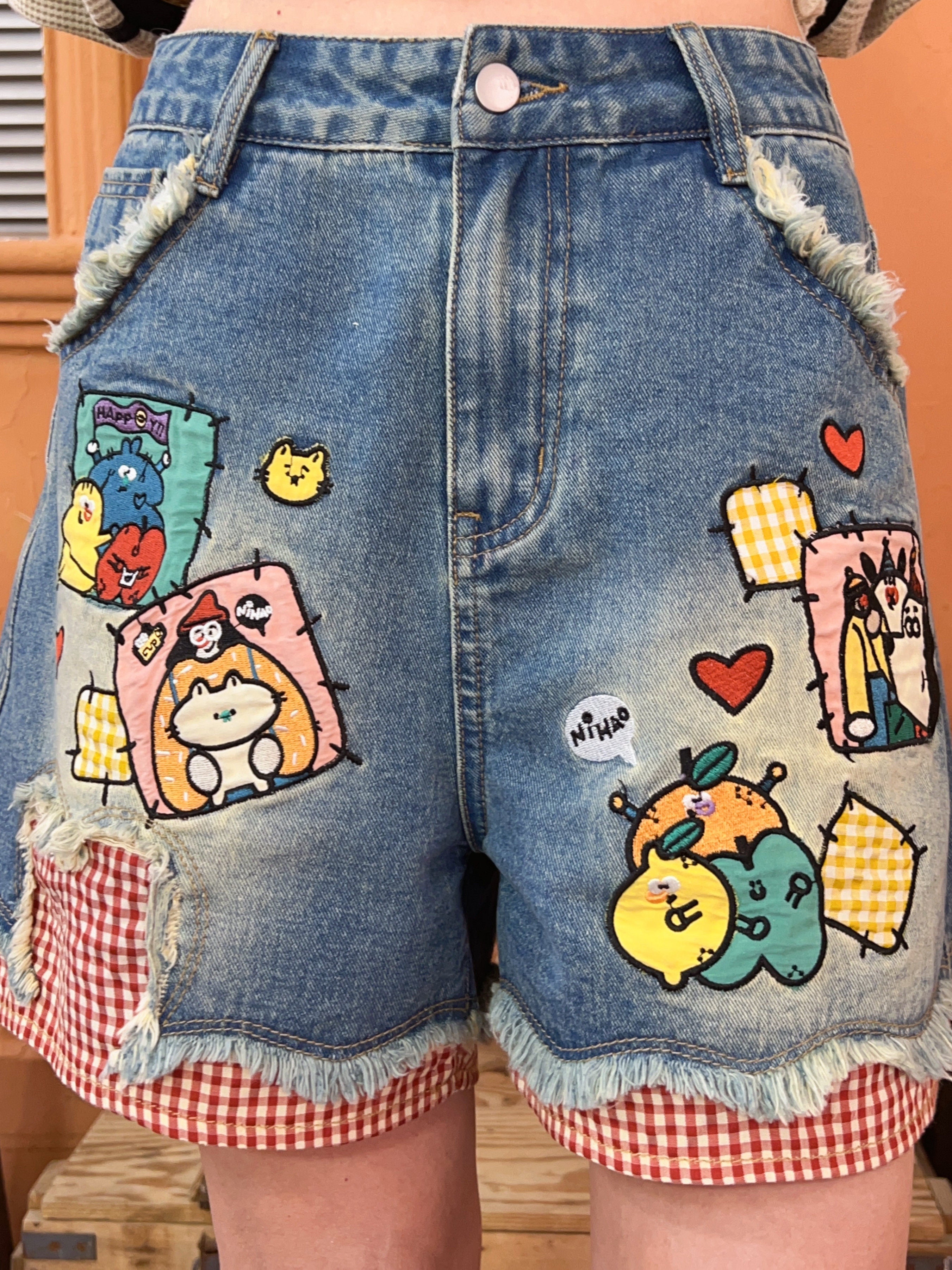 Kawaii Embroidered Denim Shorts - Robootoo by Land Decora